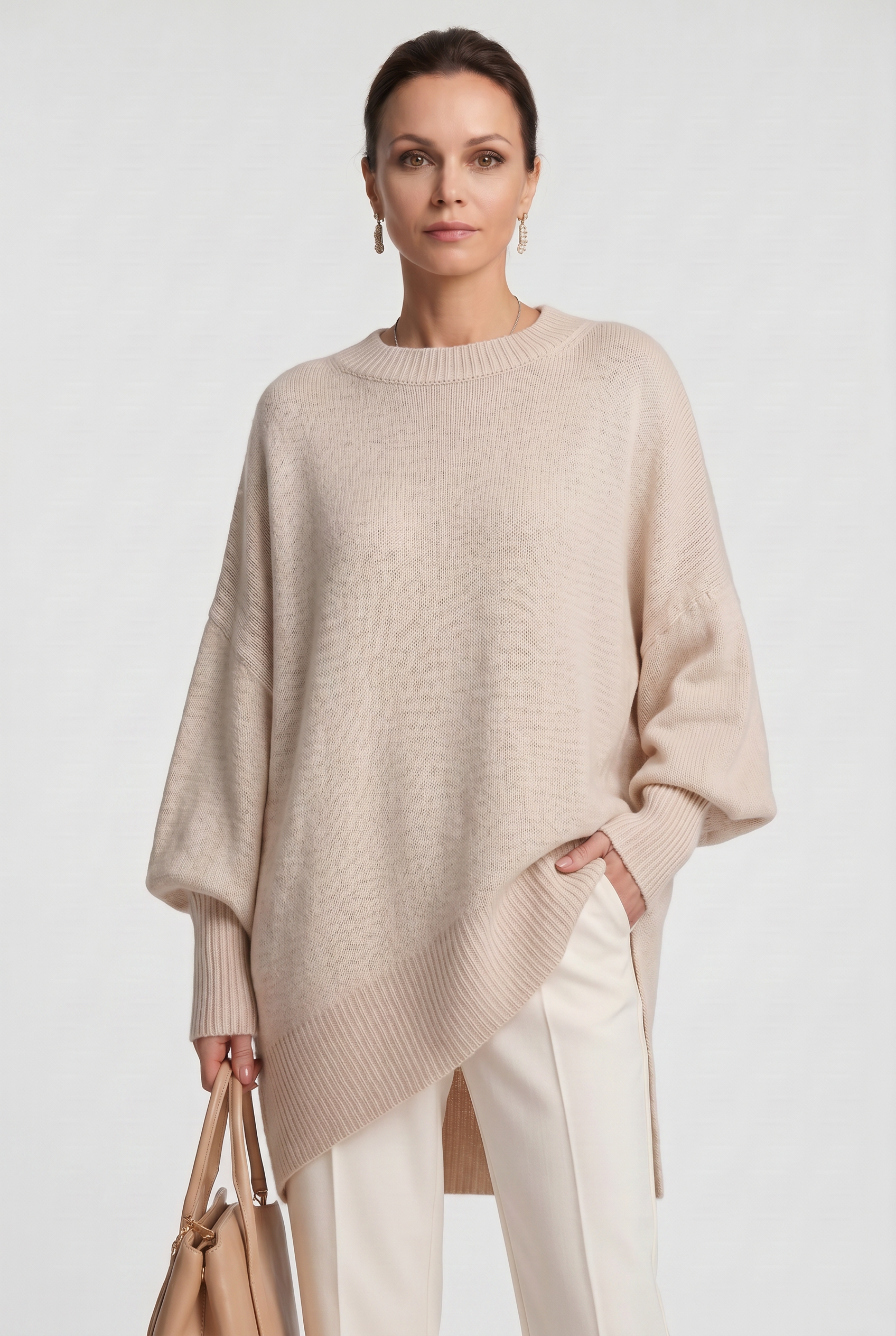 Women's Oversized Sweater | Crew Neck Asymmetric Hem - 10