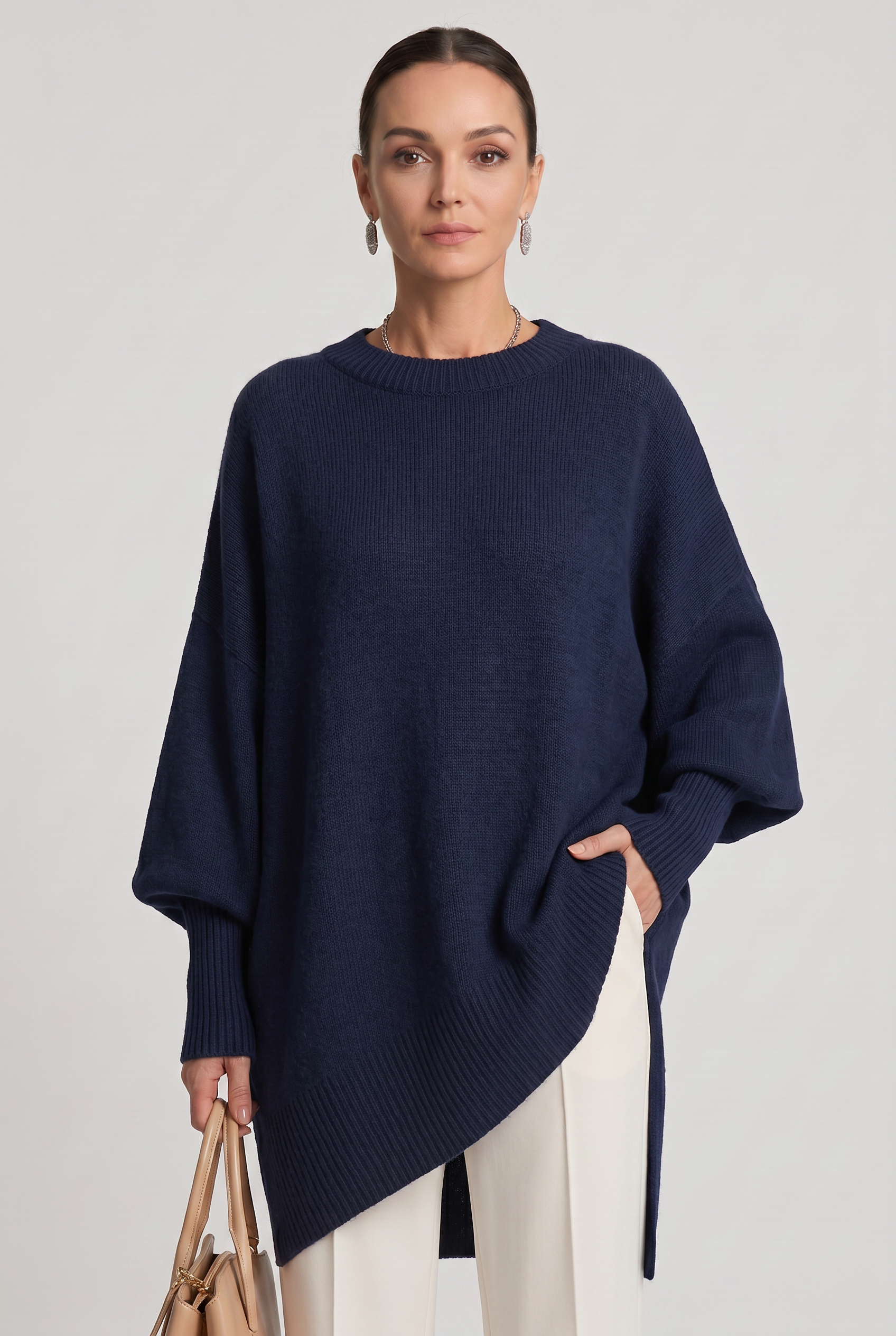 Women's Oversized Sweater | Crew Neck Asymmetric Hem - 6
