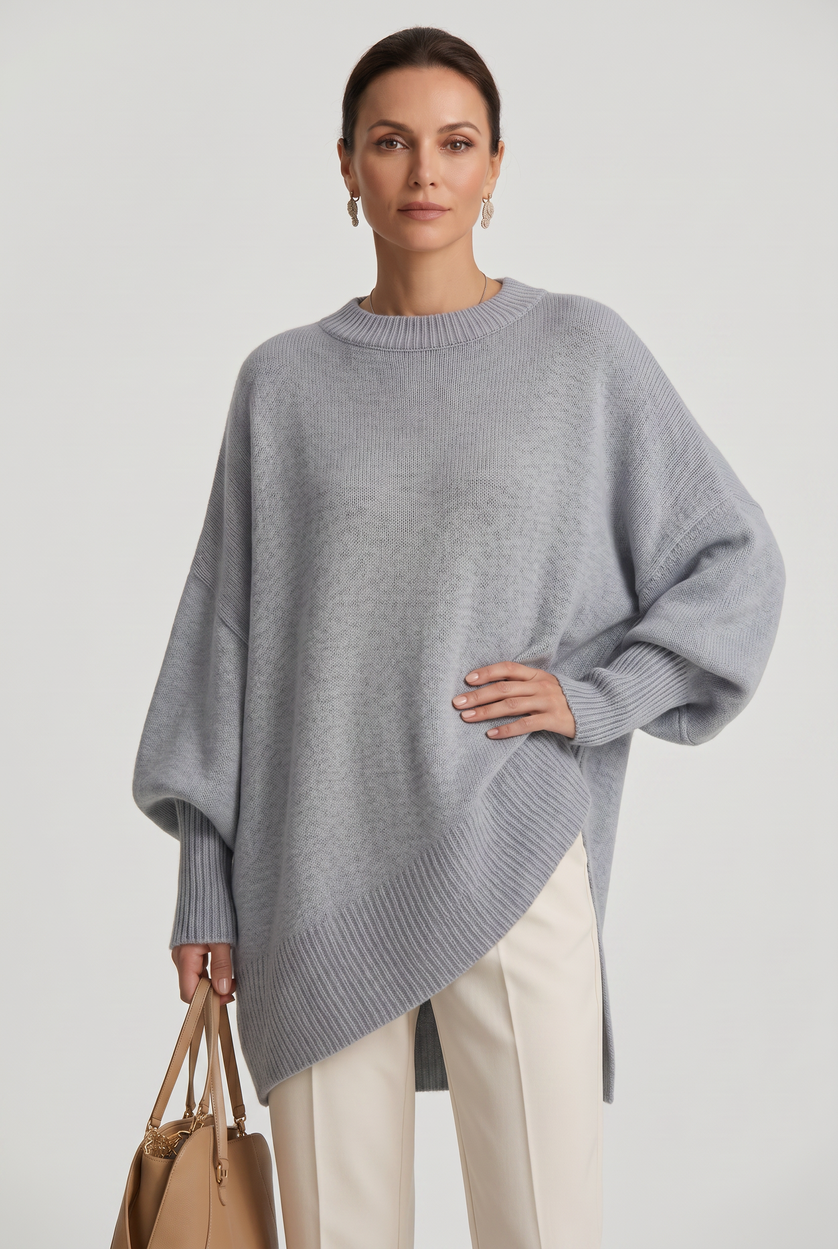 Women's Oversized Sweater | Crew Neck Asymmetric Hem - 7