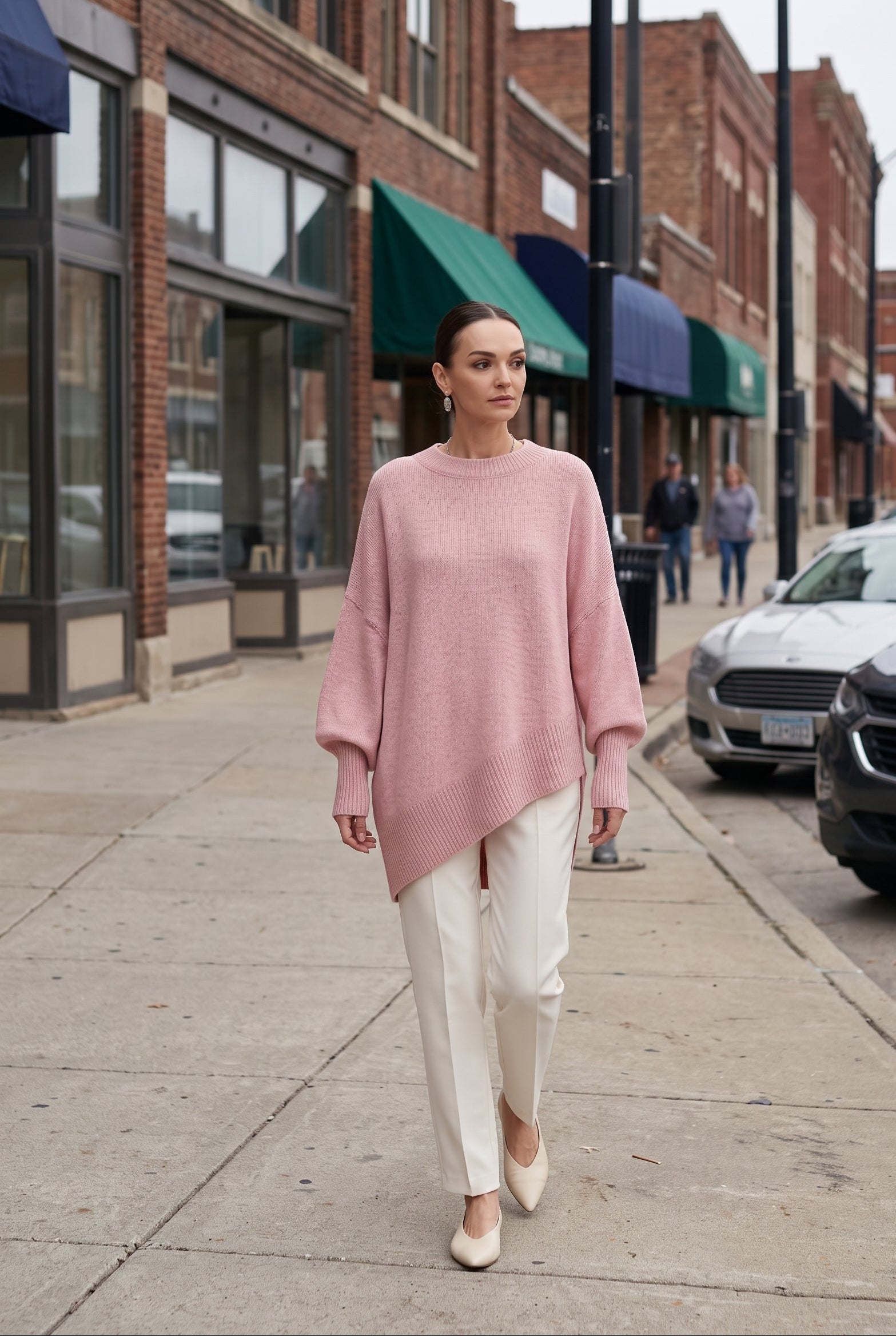 Women's Oversized Sweater | Crew Neck Asymmetric Hem - Pink lifestyle