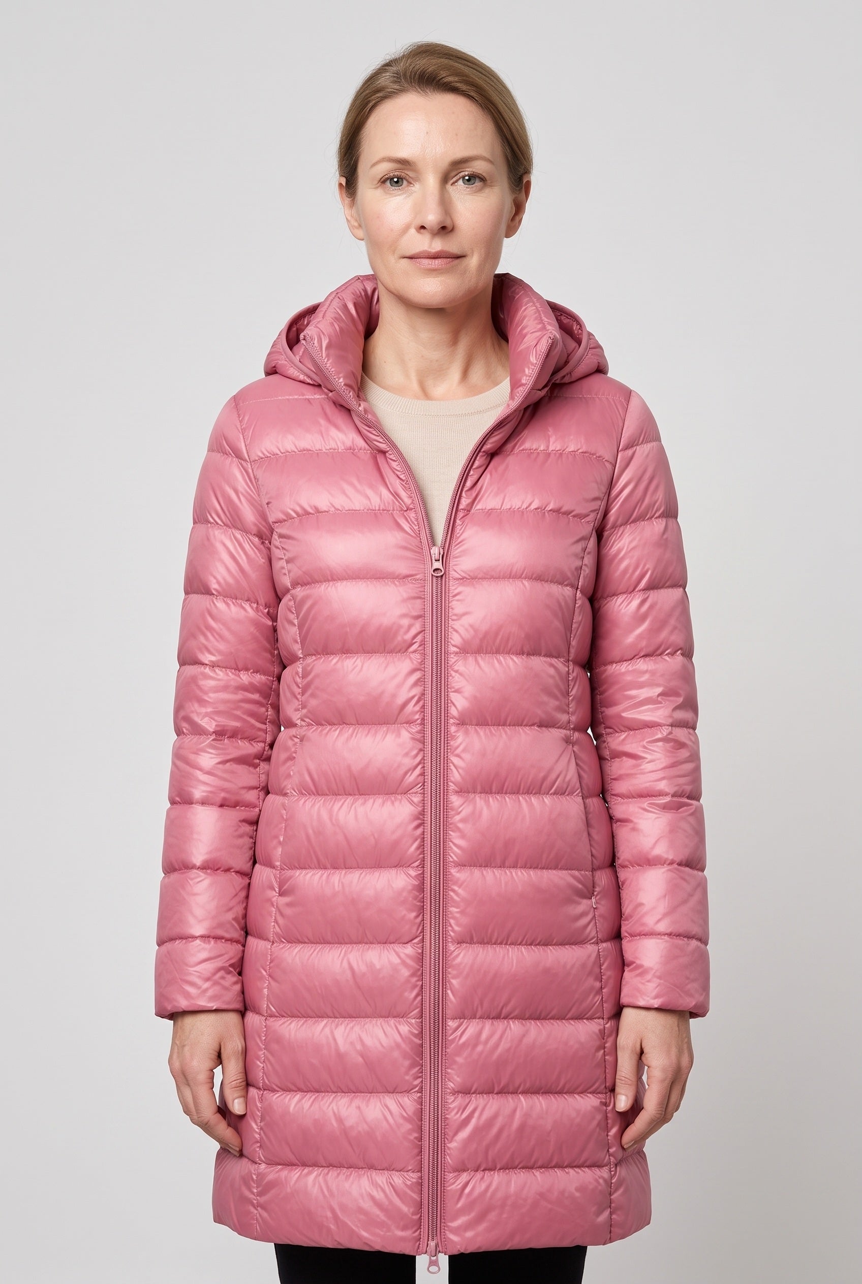 Women's Puffer Coat | Hooded Longline Zip Front - 1