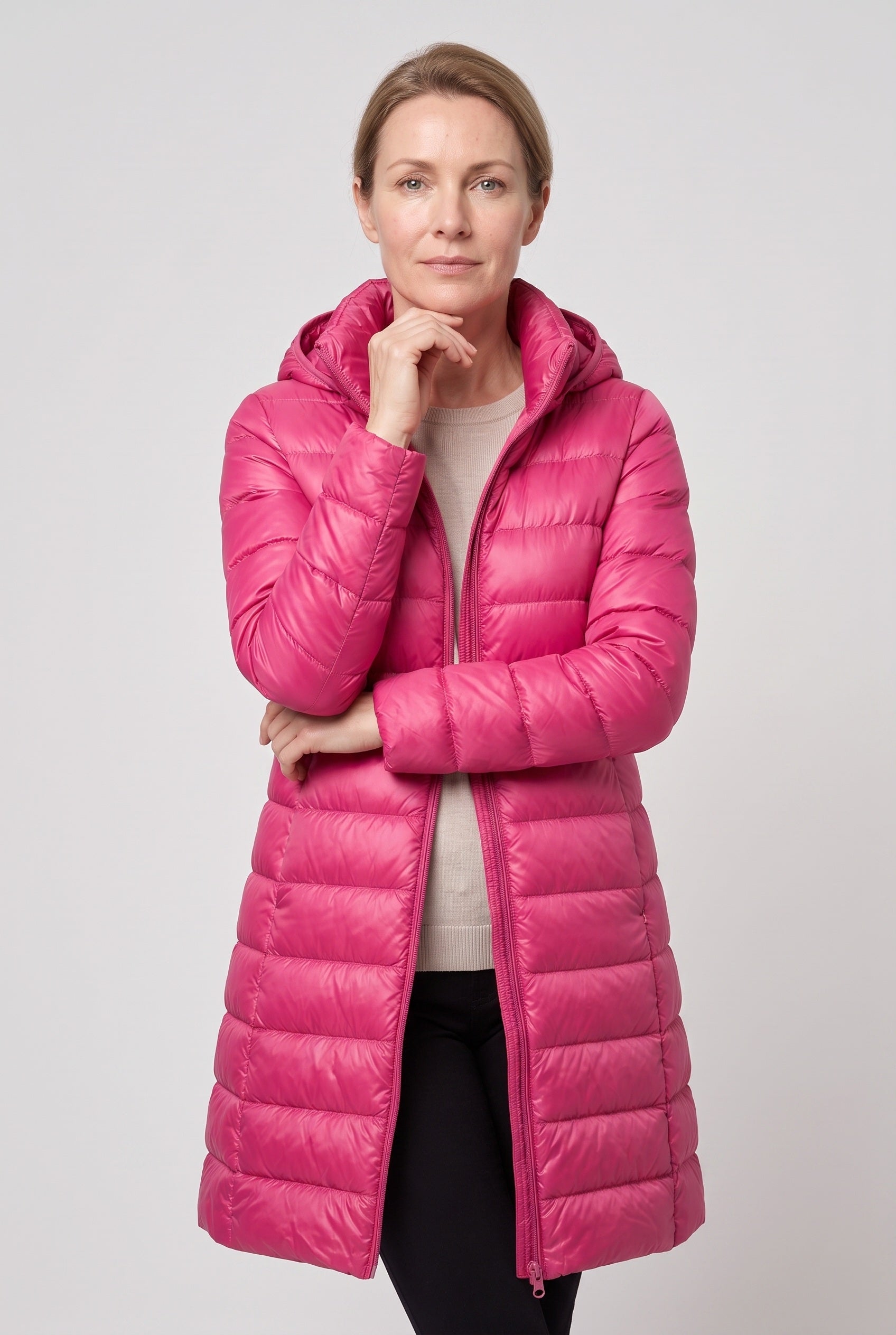 Women's Puffer Coat | Hooded Longline Zip Front - 16