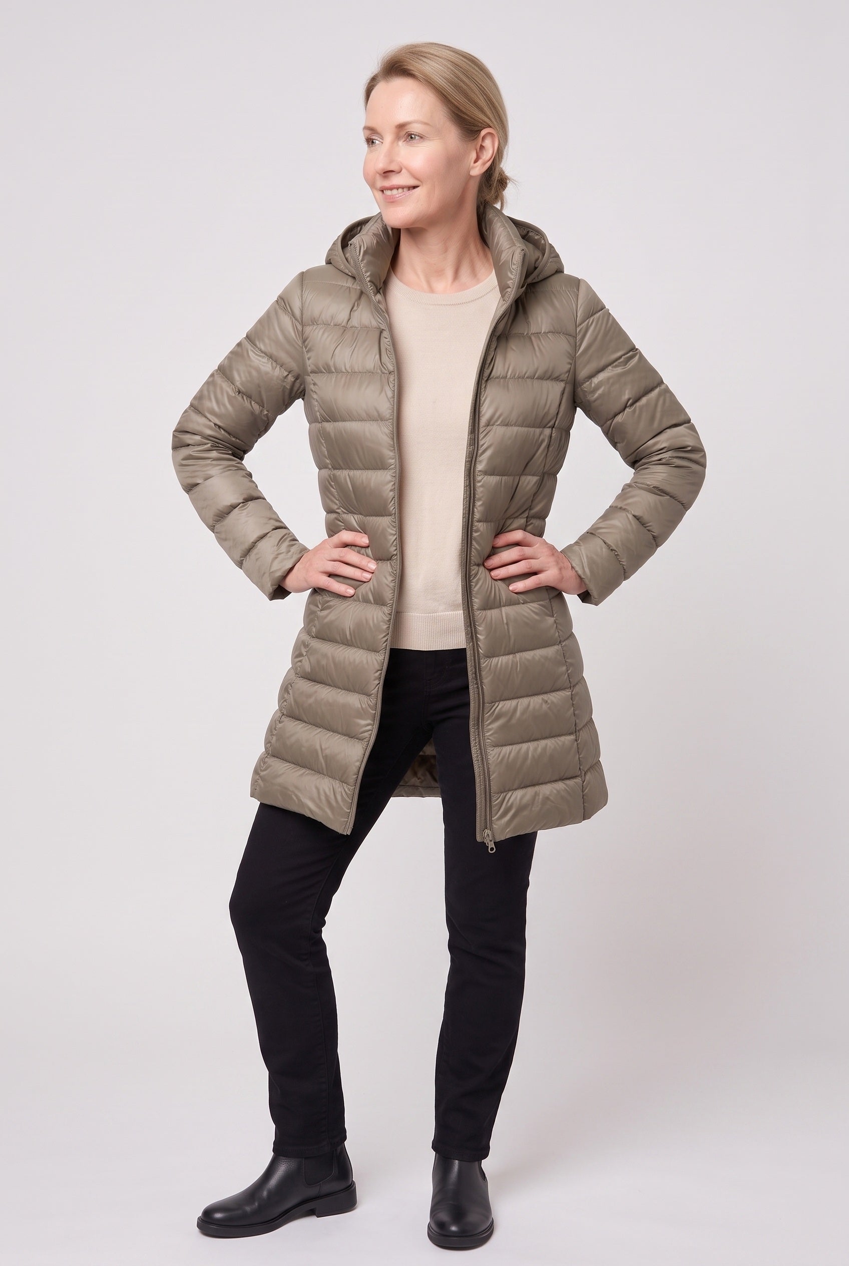 Women's Puffer Coat | Hooded Longline Zip Front - 8