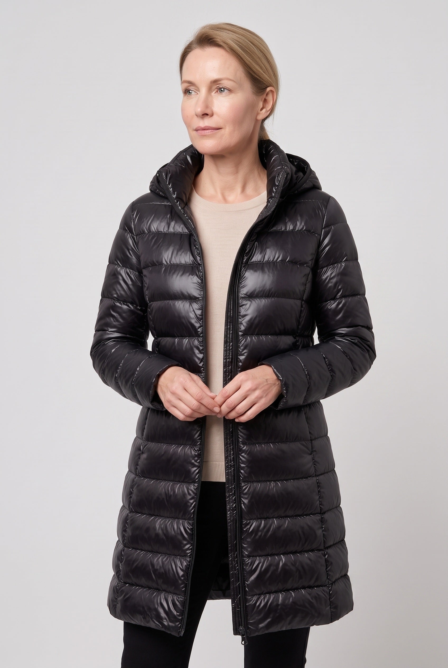 Women's Puffer Coat | Hooded Longline Zip Front - 9
