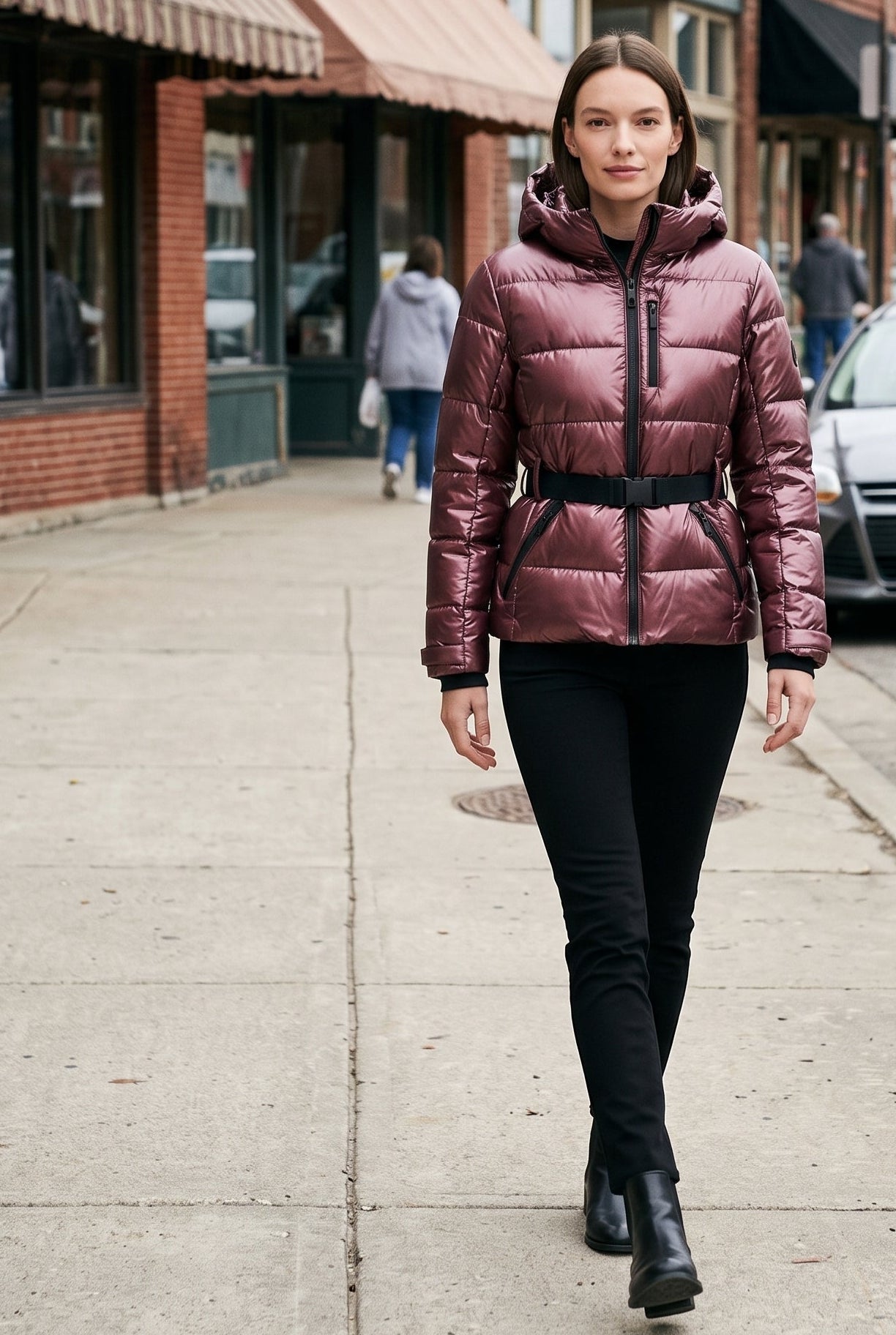 Women's Puffer Jacket | Belted Waist Hooded - Red lifestyle