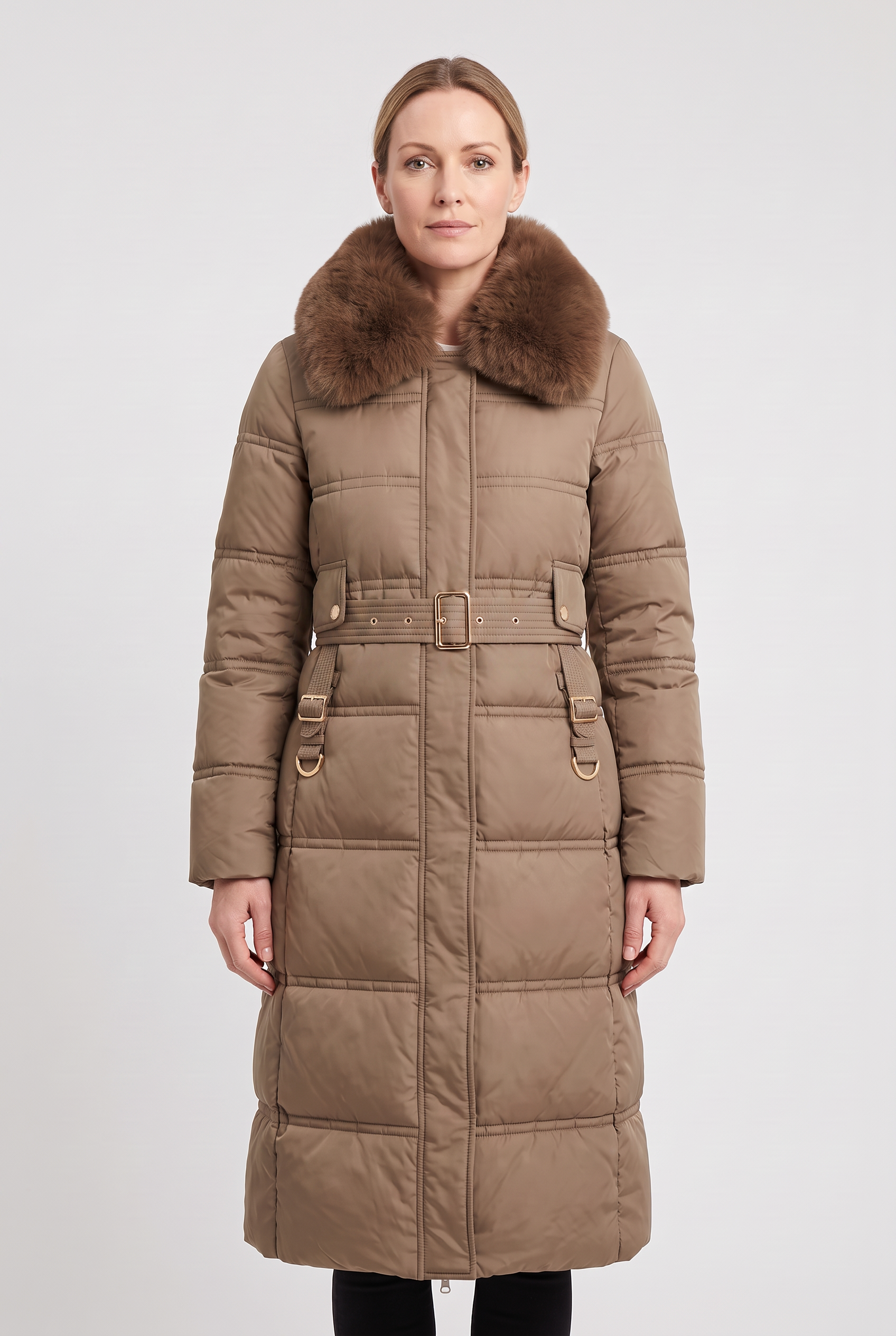 Women's Quilted Coat | Faux Fur Collar Belted - 1