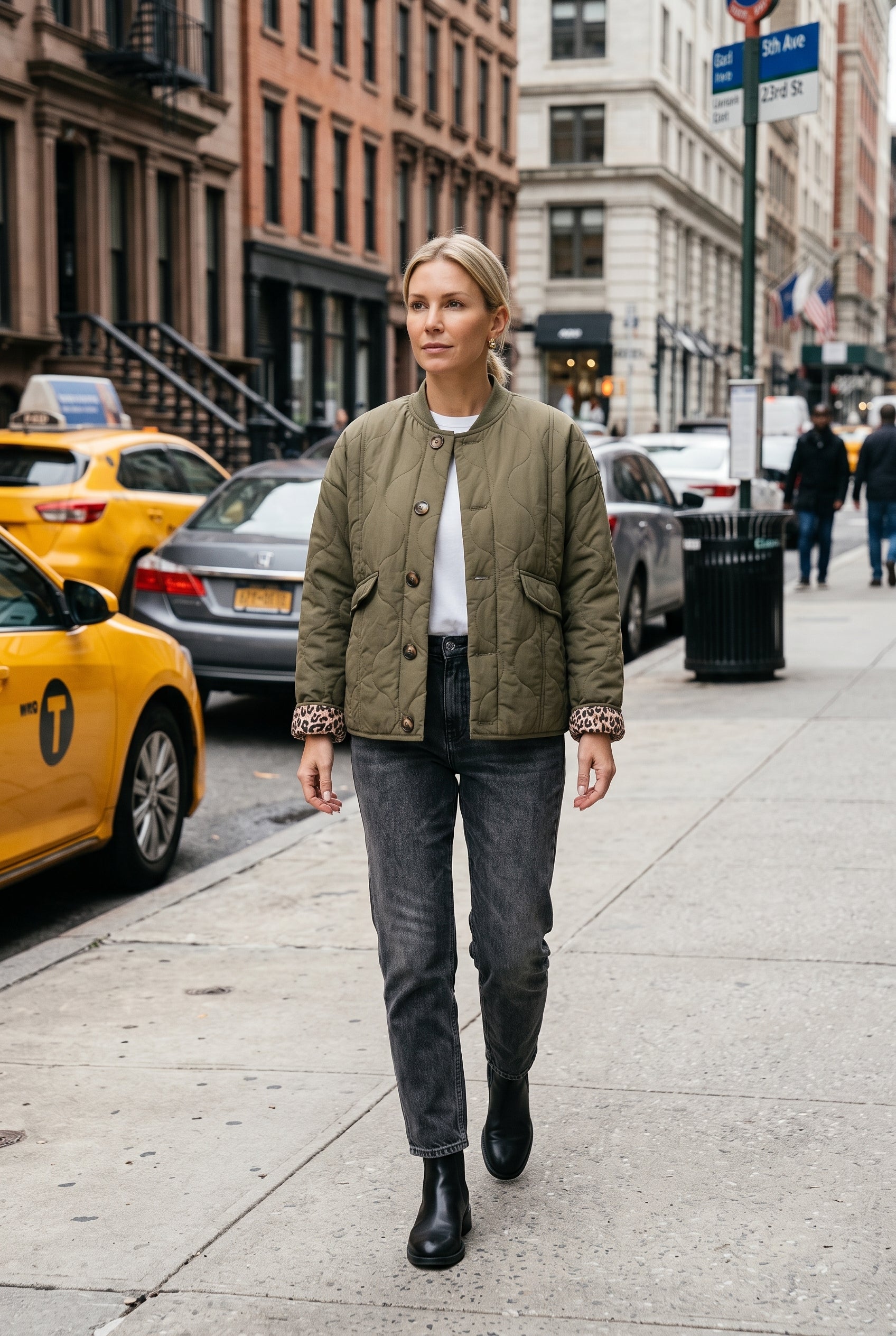 Women's Quilted Jacket | Button Front with Leopard Lining - Green lifestyle