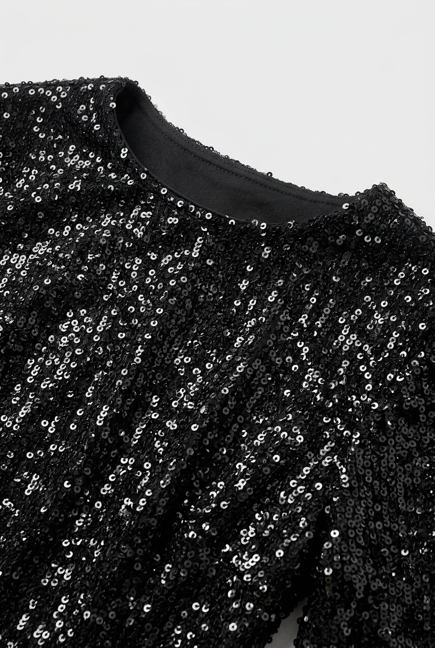 Women's Sequin Dress | Crew Neck Balloon Sleeve Mini - 3