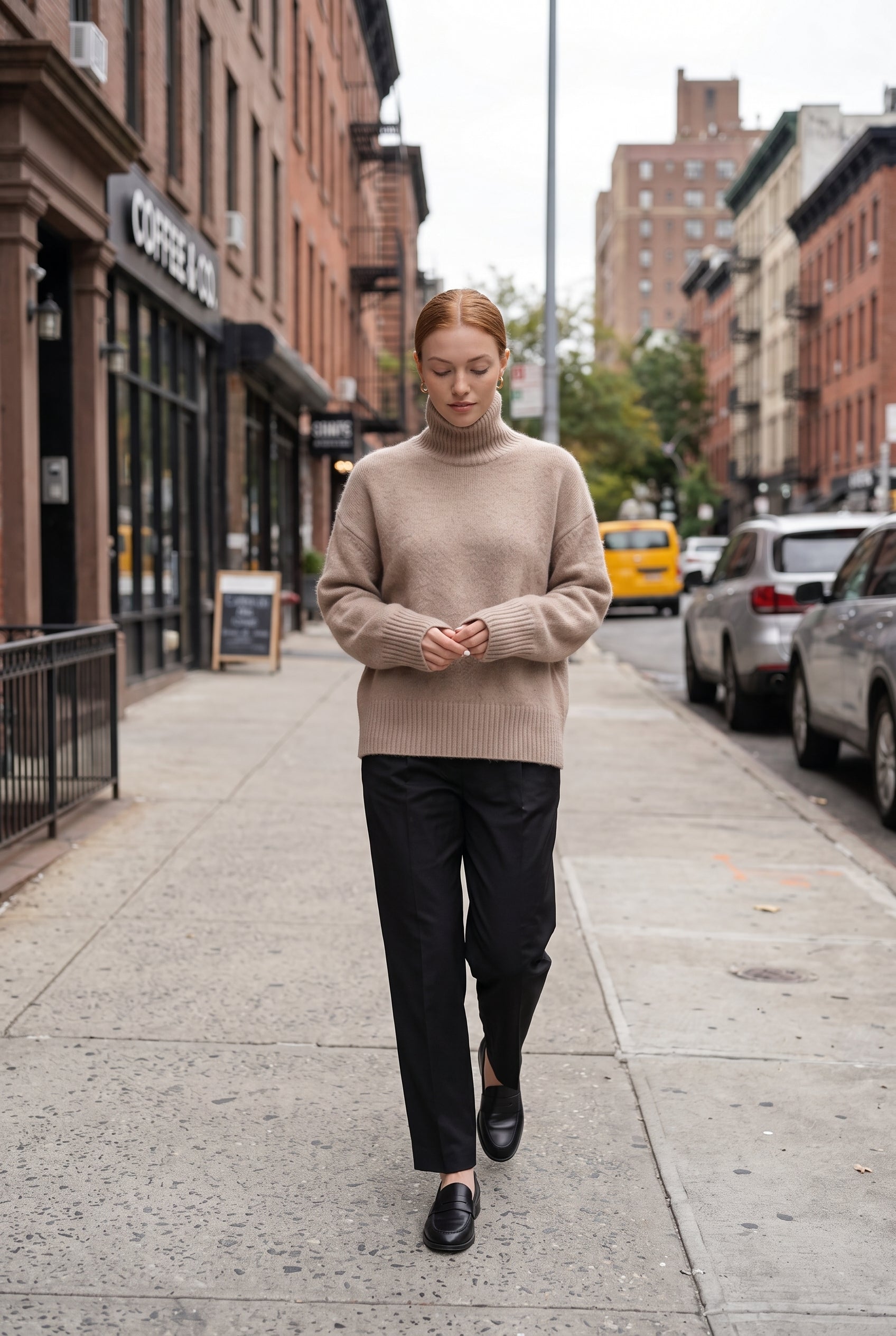 Women's Turtleneck Sweater | Drop Shoulder Relaxed Fit - Khaki lifestyle