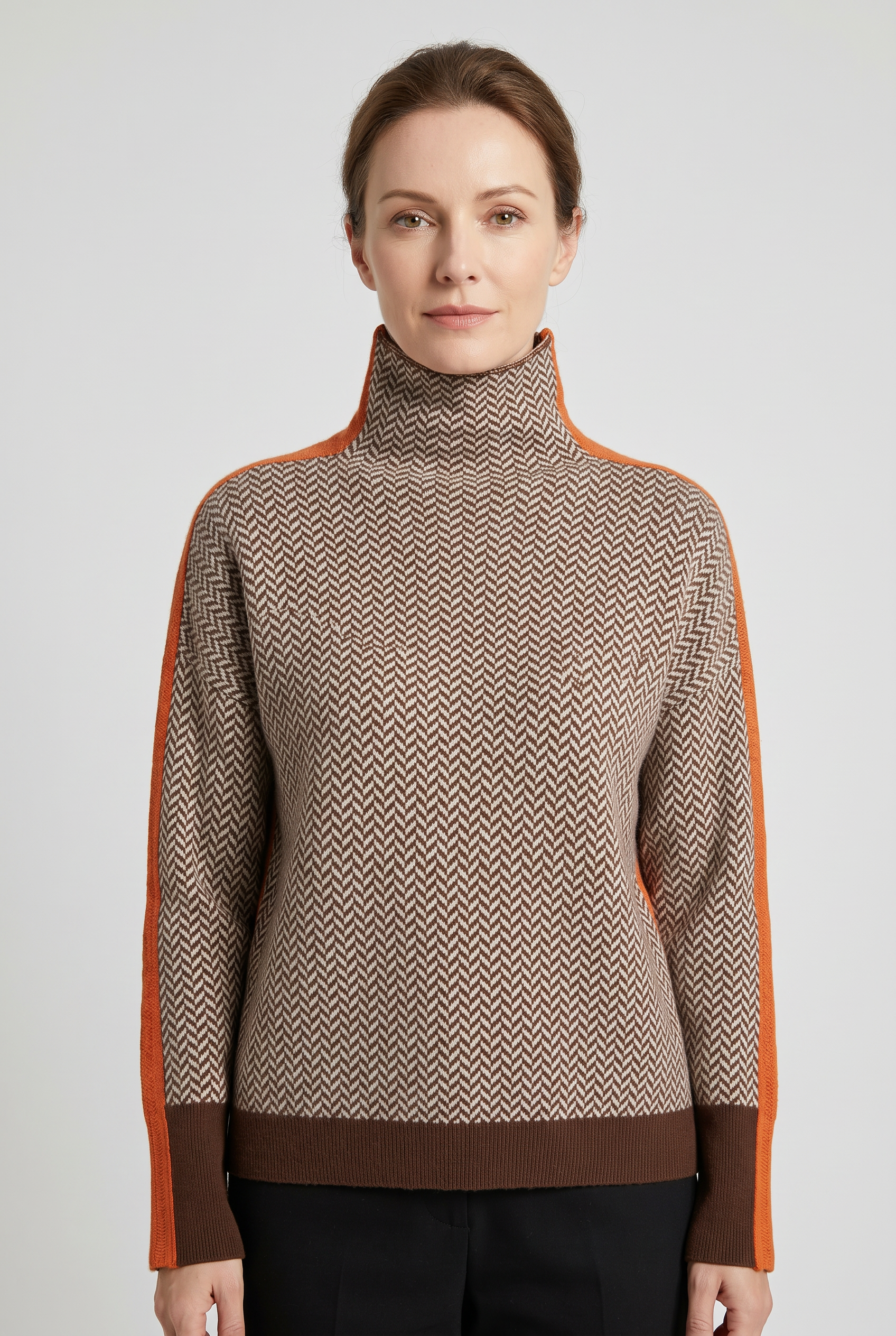 Women's Turtleneck Sweater | Herringbone Contrast Stripe - 1