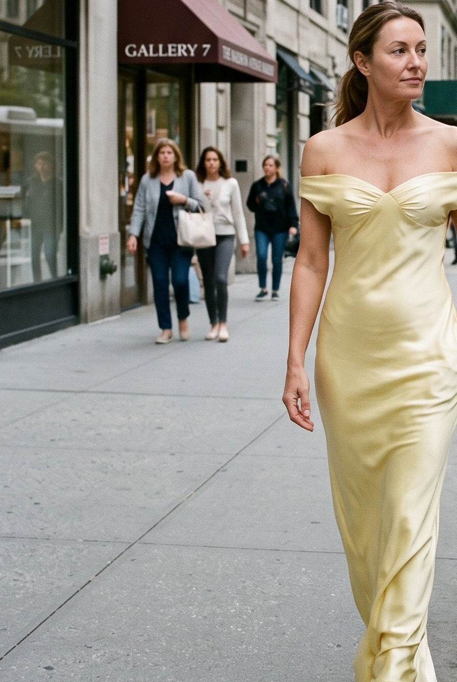 Women's Wedding Guest Dress | Off-Shoulder Twist Maxi - Yellow lifestyle