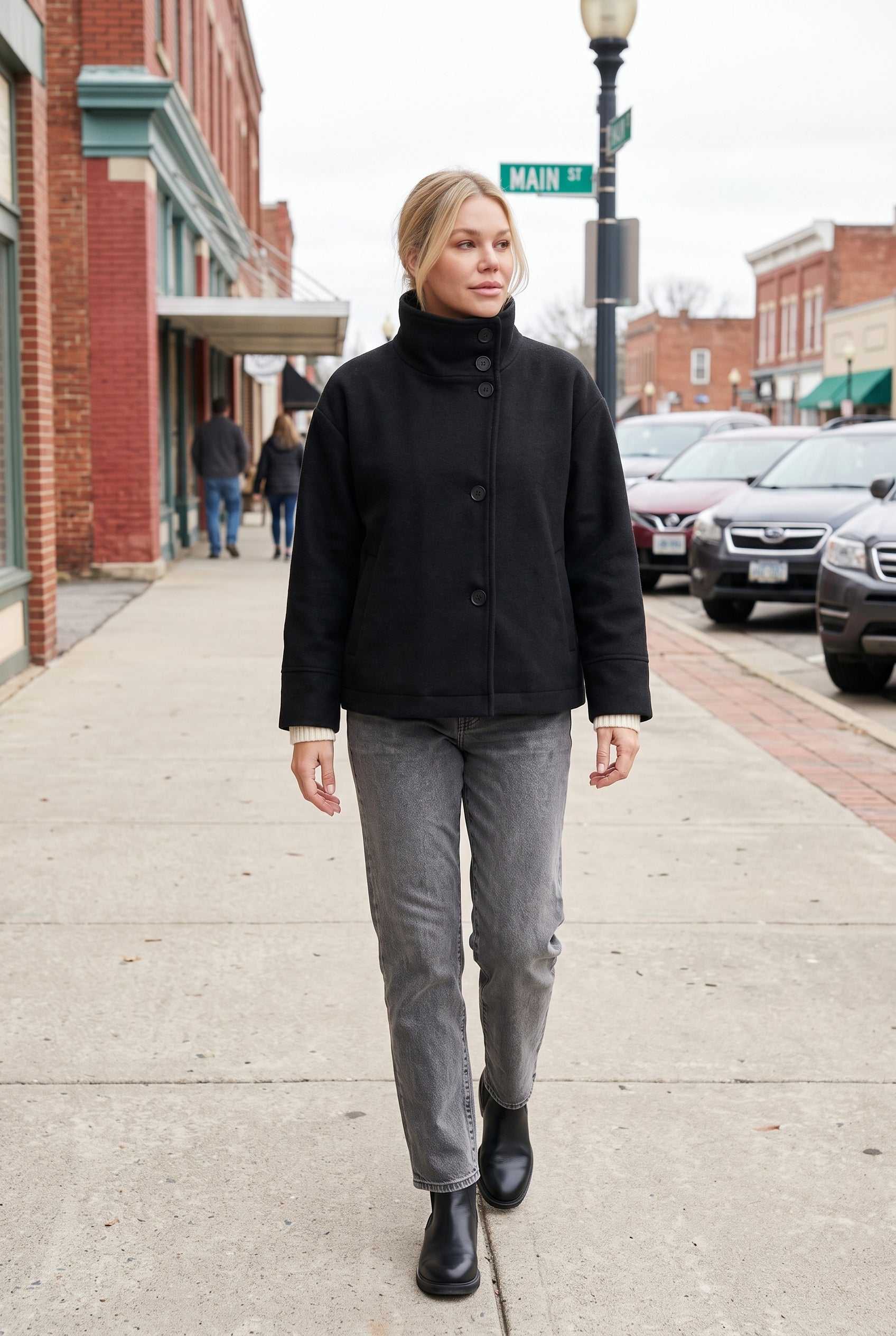 Women's Winter Jacket | Funnel Neck Button Front - Black lifestyle