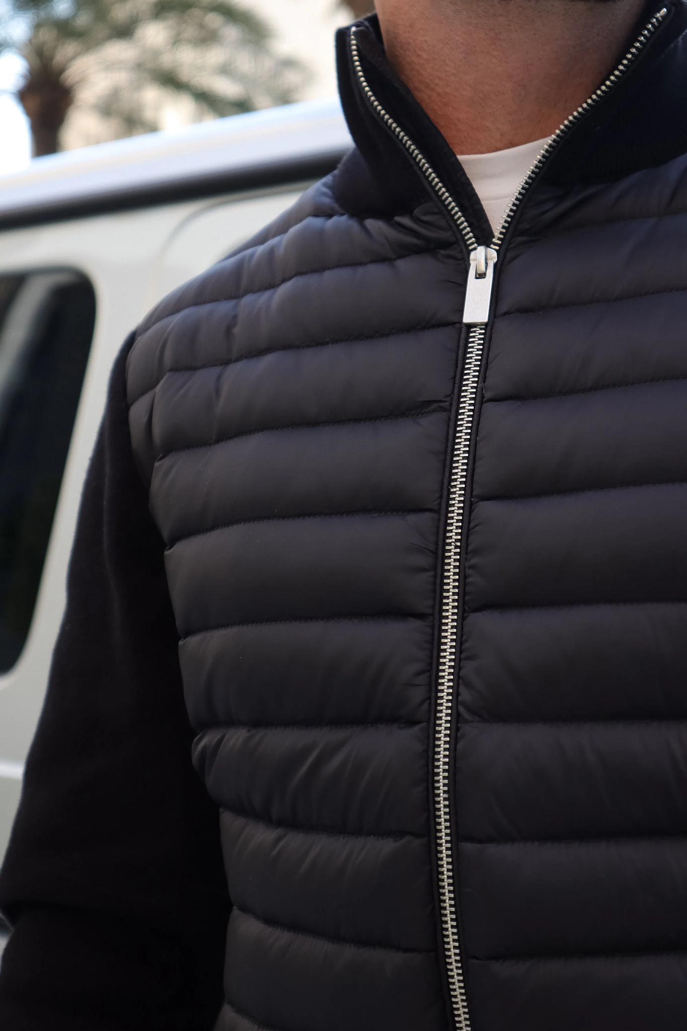Men's Bomber Jacket | Quilted Front Knit Sleeves - 5
