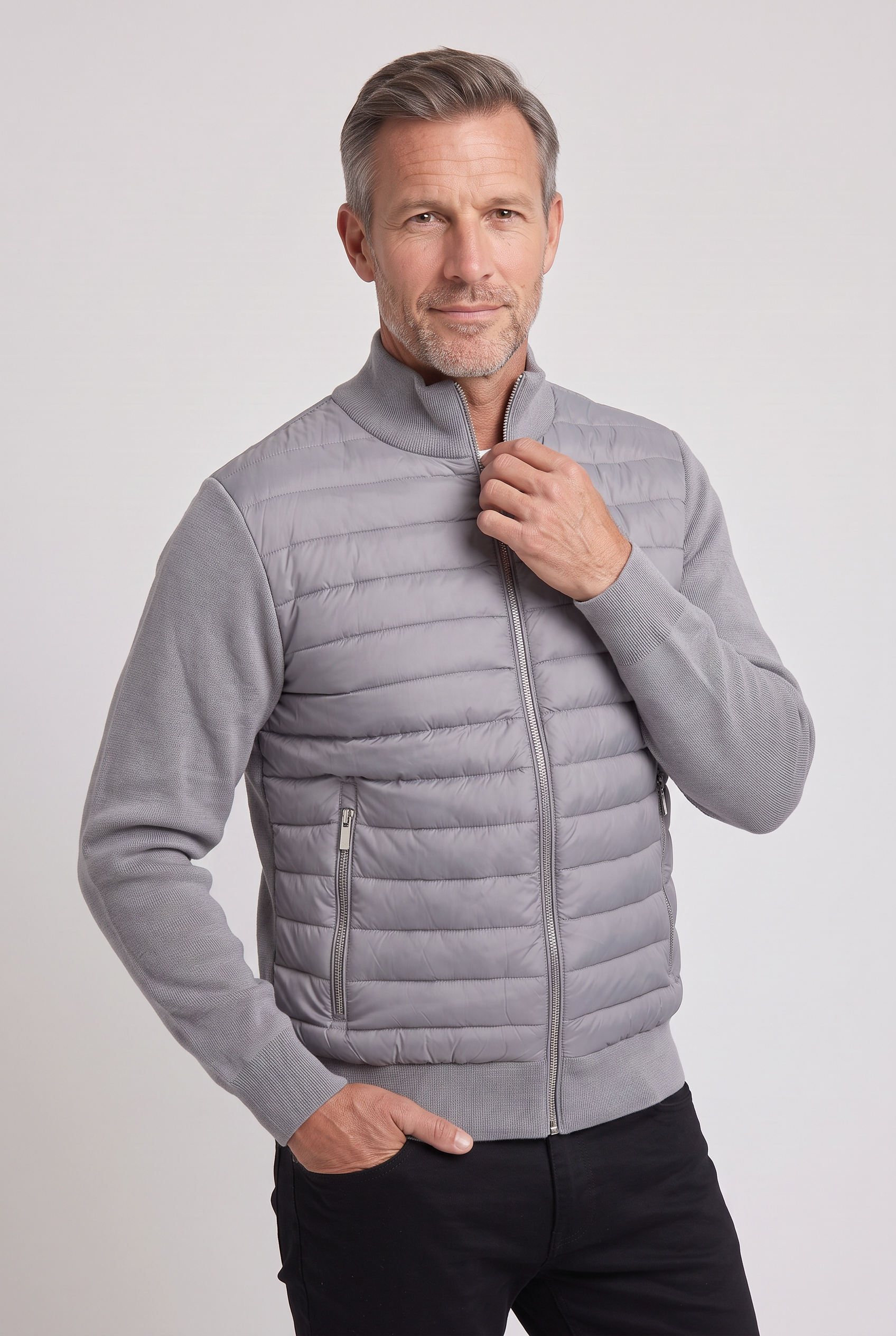 Men's Bomber Jacket | Quilted Front Knit Sleeves - 6