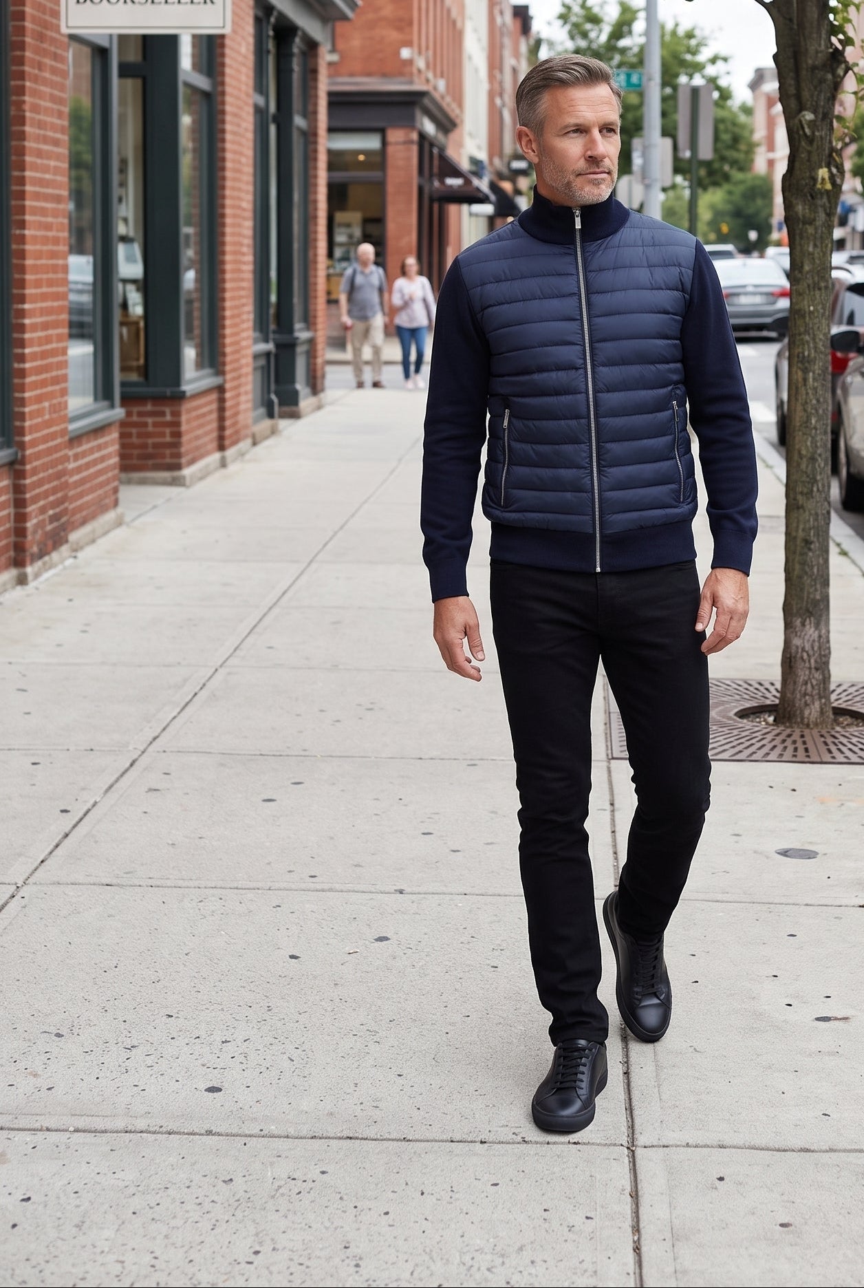 Men's Bomber Jacket | Quilted Front Knit Sleeves - Navy lifestyle