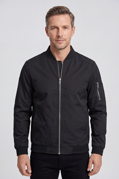 Men's Bomber Jacket | Ribbed Collar Zip Sleeve Pocket - 1