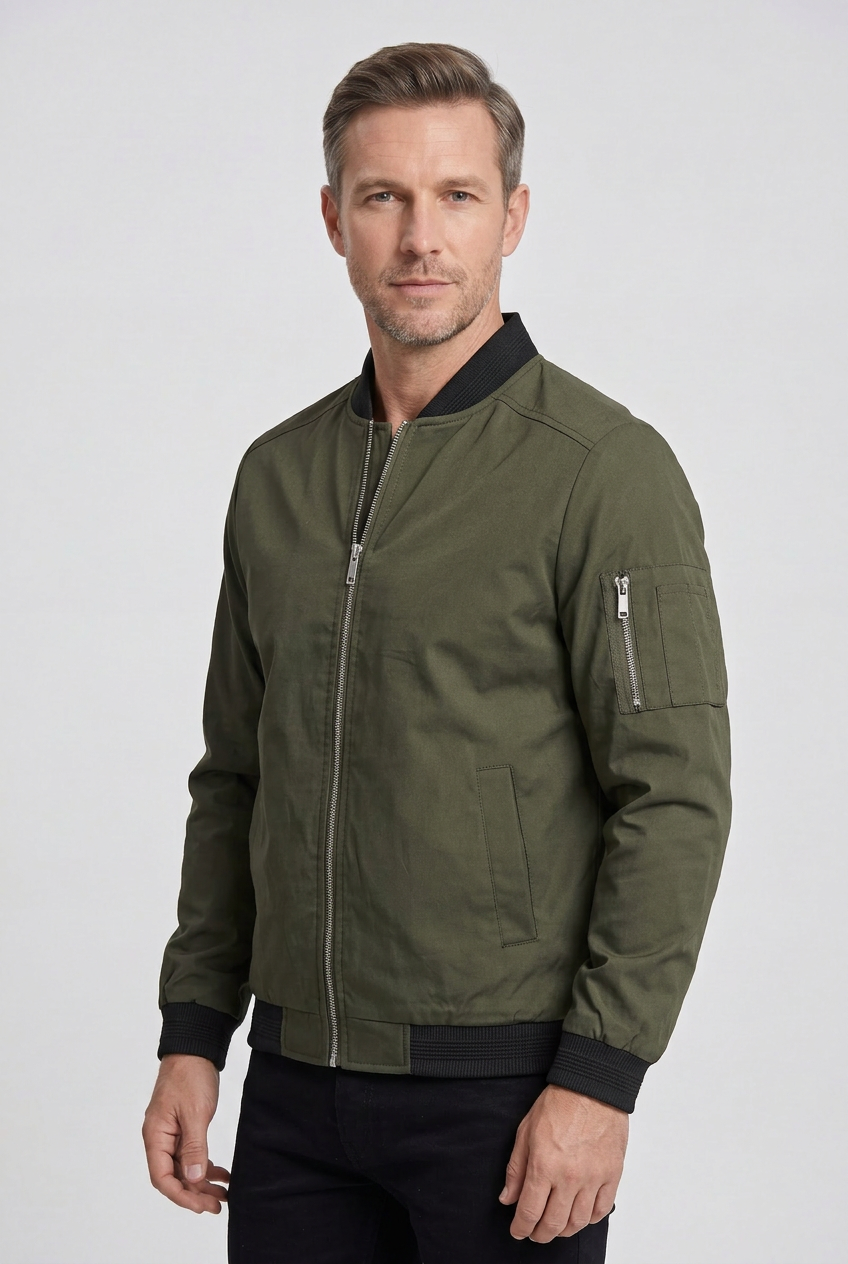 Men's Bomber Jacket | Ribbed Collar Zip Sleeve Pocket - 10