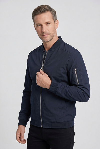 Men's Bomber Jacket | Ribbed Collar Zip Sleeve Pocket - 7