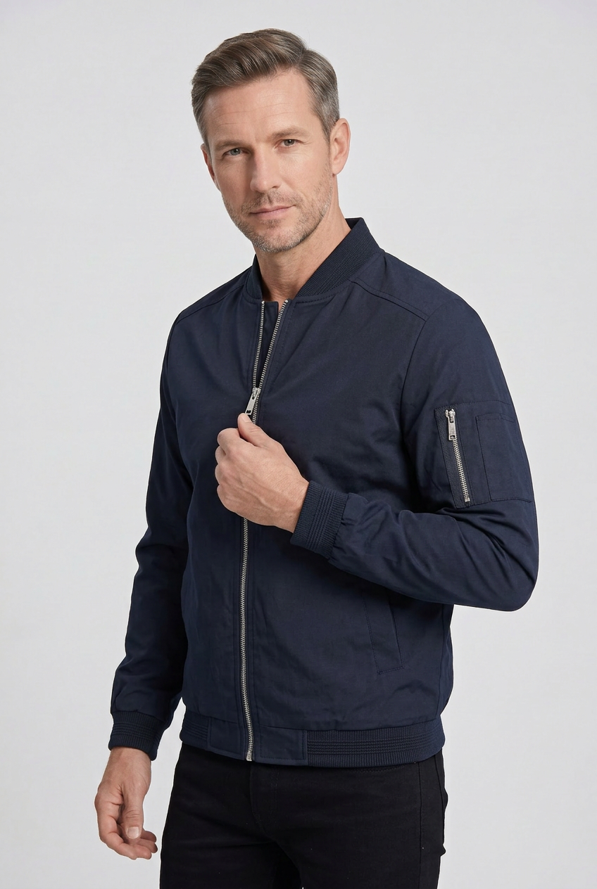 Men's Bomber Jacket | Ribbed Collar Zip Sleeve Pocket - 7