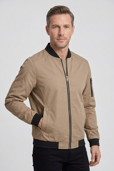 Men's Bomber Jacket | Ribbed Collar Zip Sleeve Pocket - 9