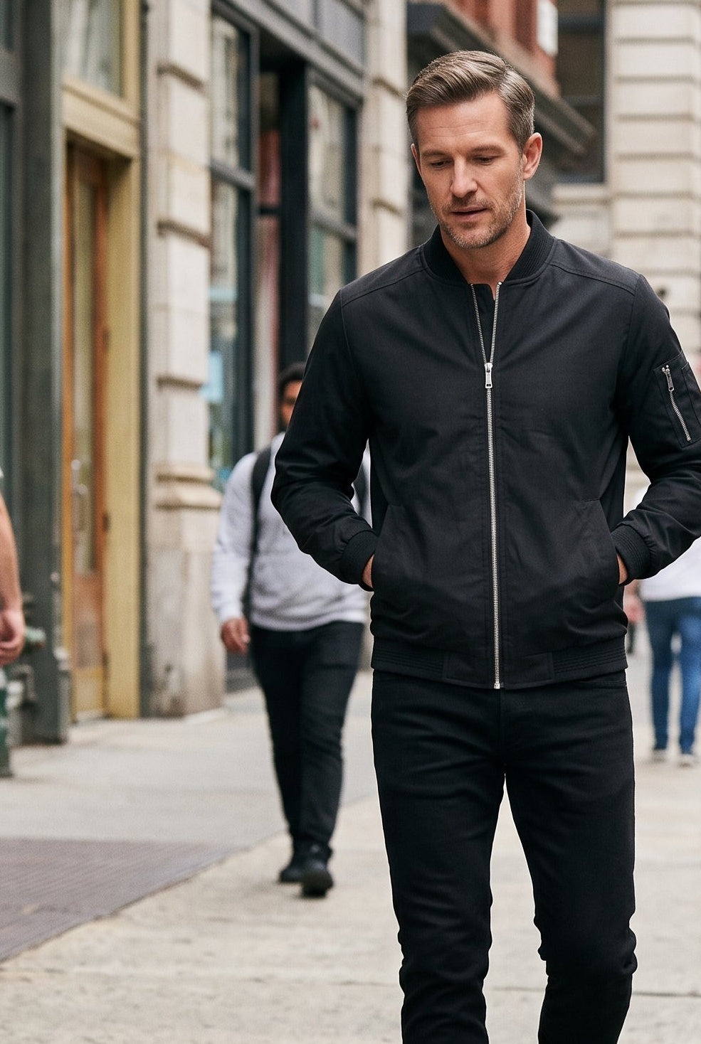 Men's Bomber Jacket | Ribbed Collar Zip Sleeve Pocket - Black lifestyle