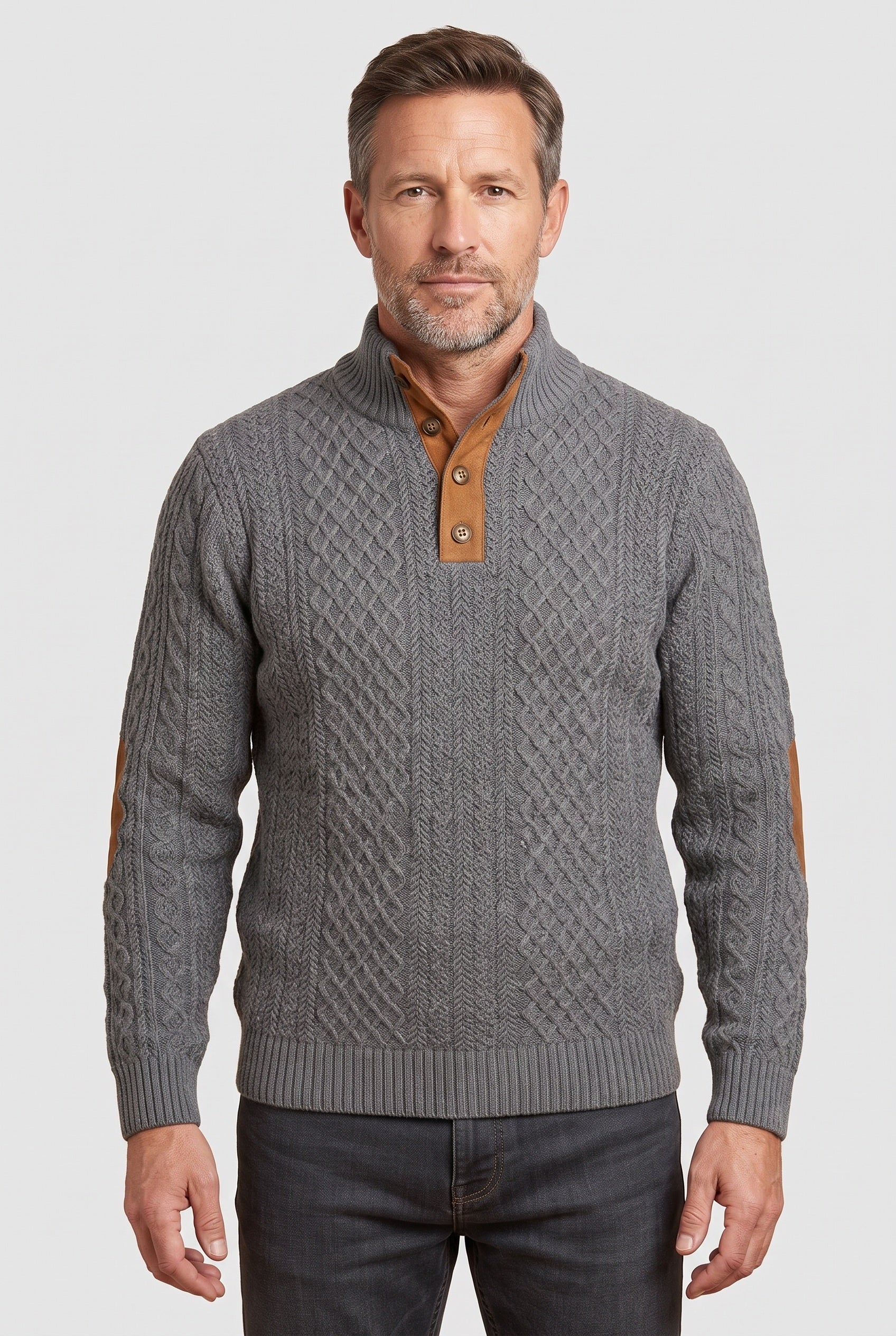 Men's Cable Knit Sweater | Button Neck Elbow Patches - 1
