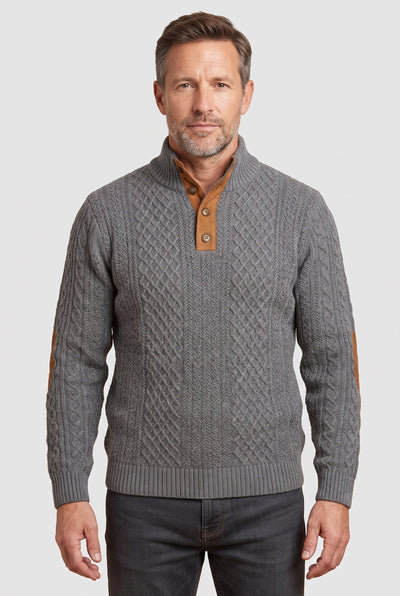 Men's Cable Knit Sweater | Button Neck Elbow Patches - 1