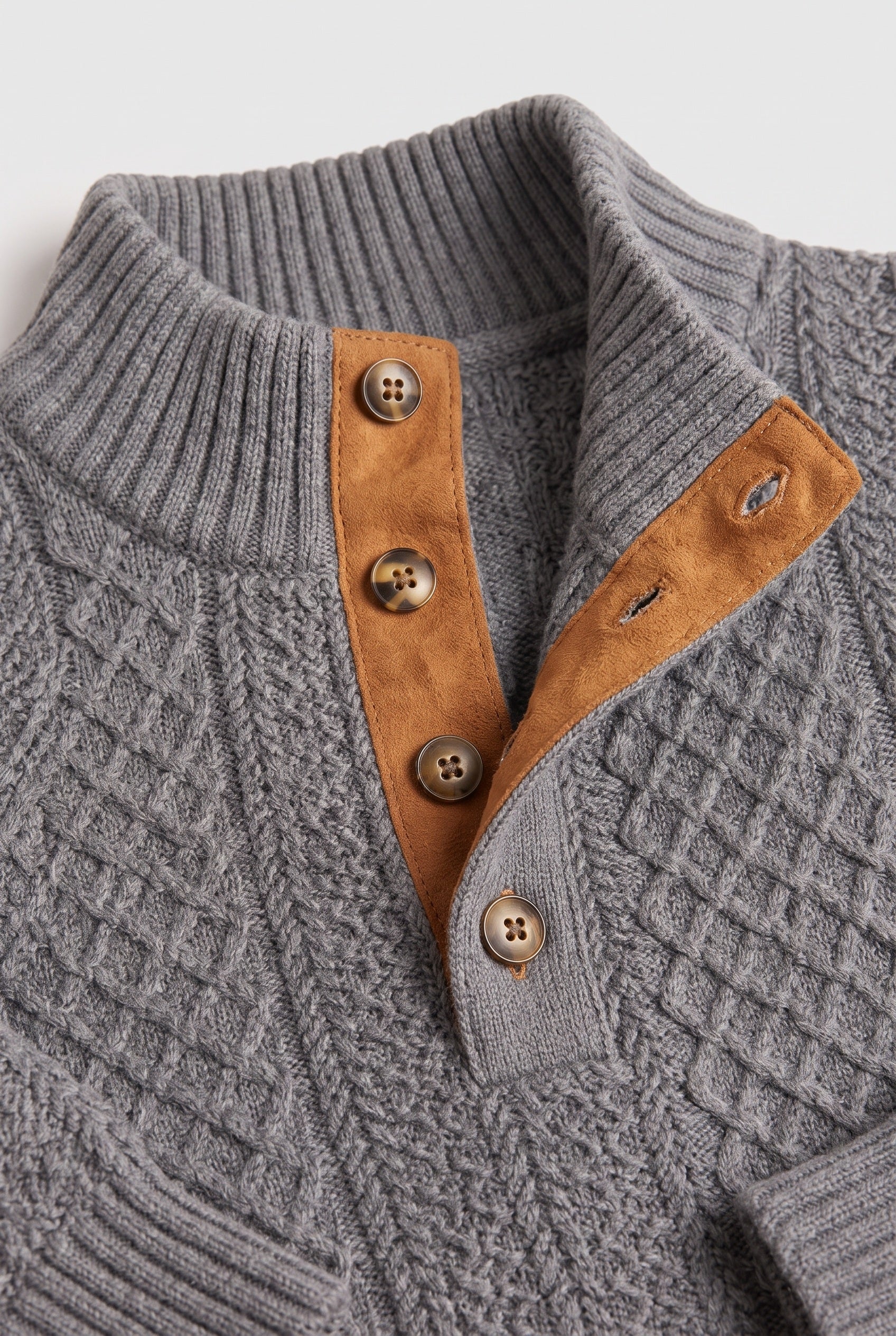 Men's Cable Knit Sweater | Button Neck Elbow Patches - 3