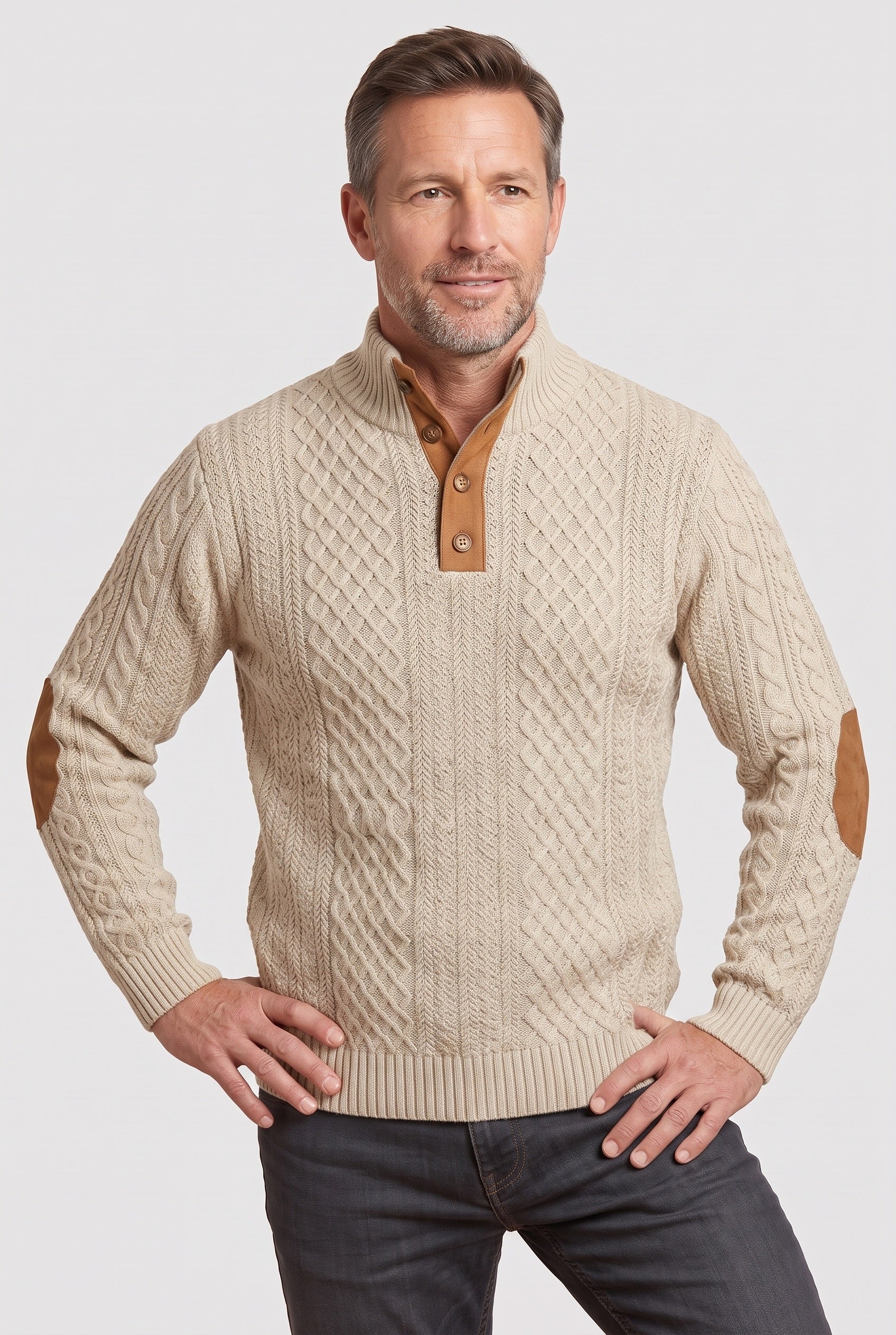 Men's Cable Knit Sweater | Button Neck Elbow Patches - 5