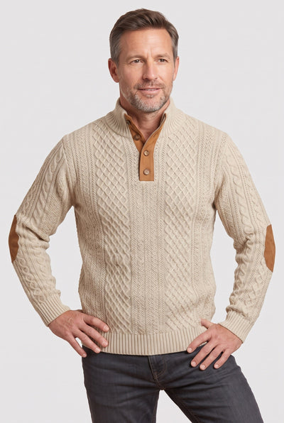 Men's Cable Knit Sweater | Button Neck Elbow Patches - 5