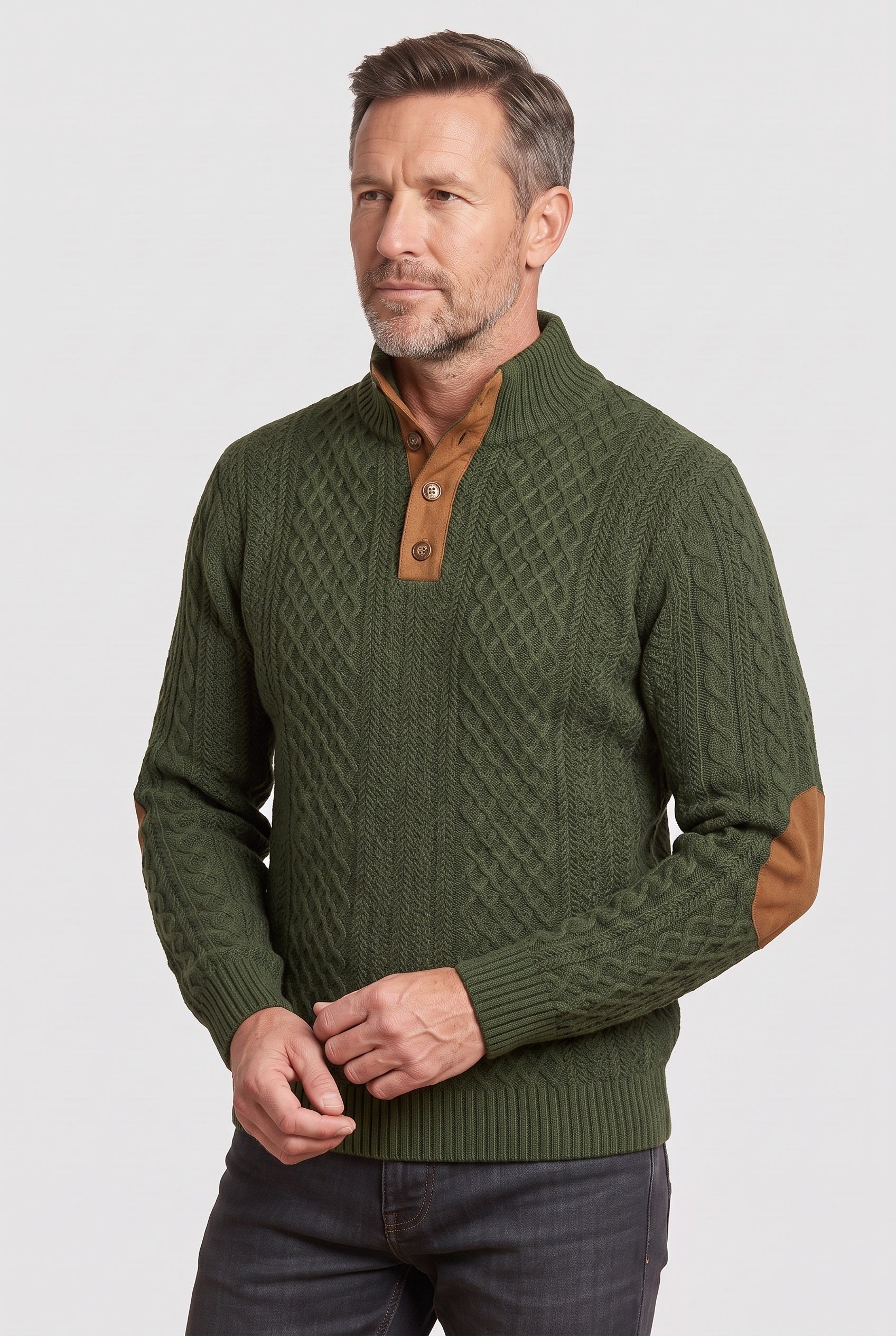 Men's Cable Knit Sweater | Button Neck Elbow Patches - 6