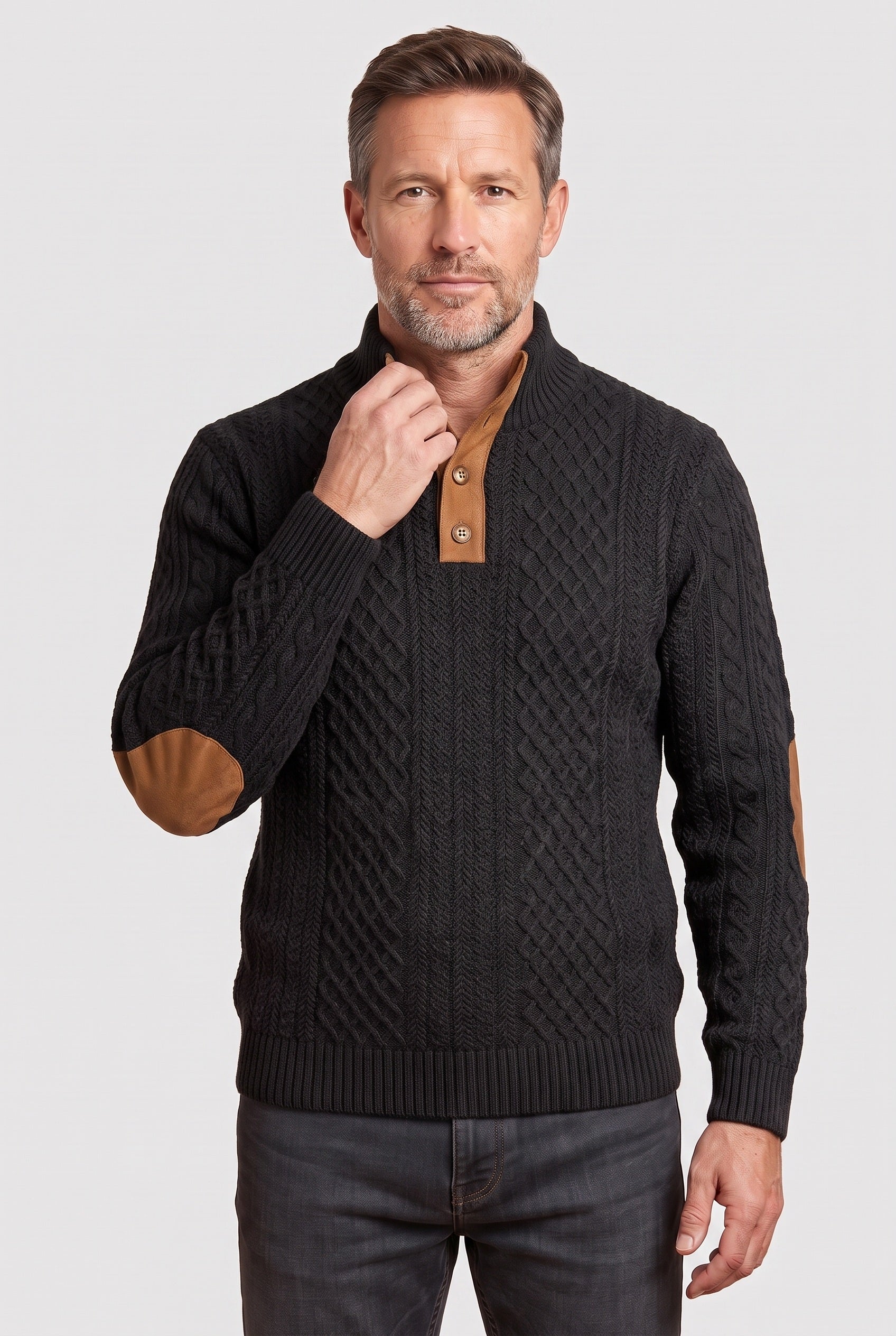 Men's Cable Knit Sweater | Button Neck Elbow Patches - 7
