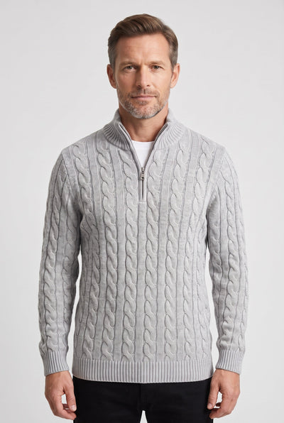 Men's Cable Knit Sweater | Quarter Zip Ribbed Collar - 1