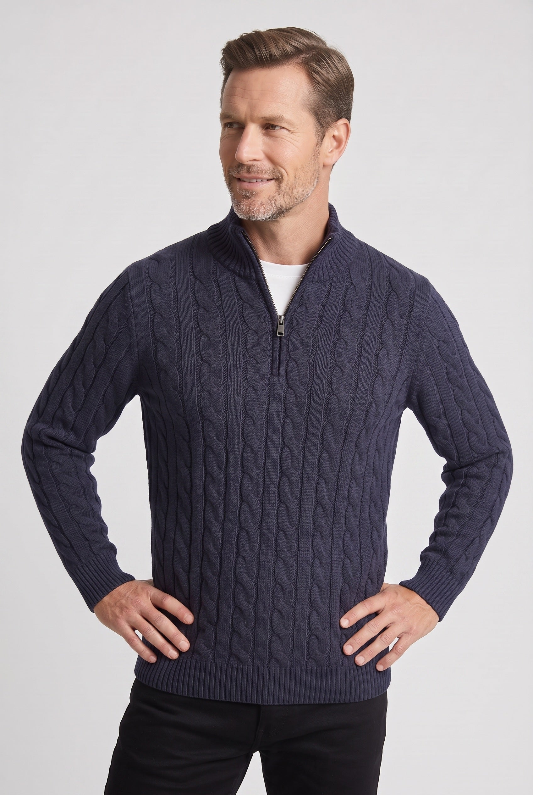 Men's Cable Knit Sweater | Quarter Zip Ribbed Collar - 5