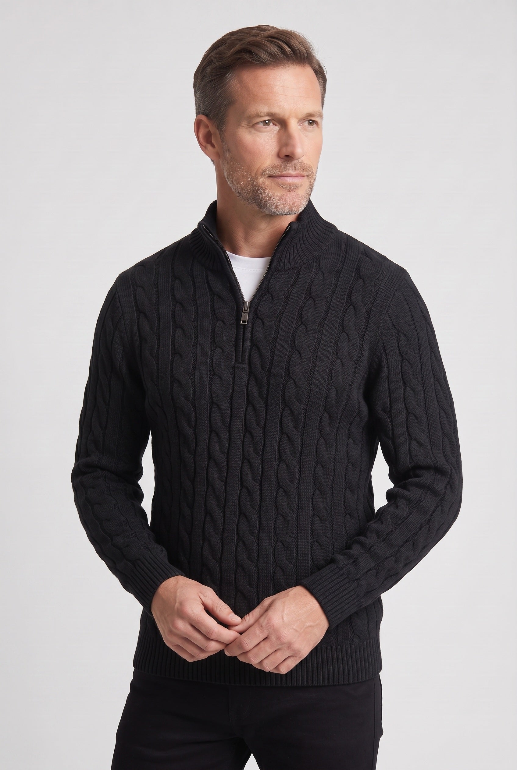 Men's Cable Knit Sweater | Quarter Zip Ribbed Collar - 6