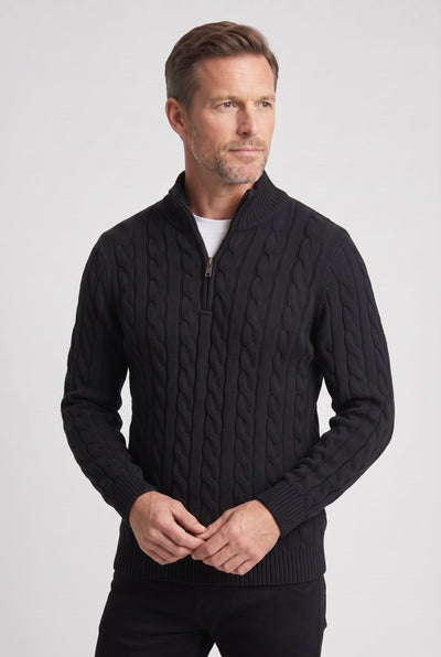 Men's Cable Knit Sweater | Quarter Zip Ribbed Collar - 6