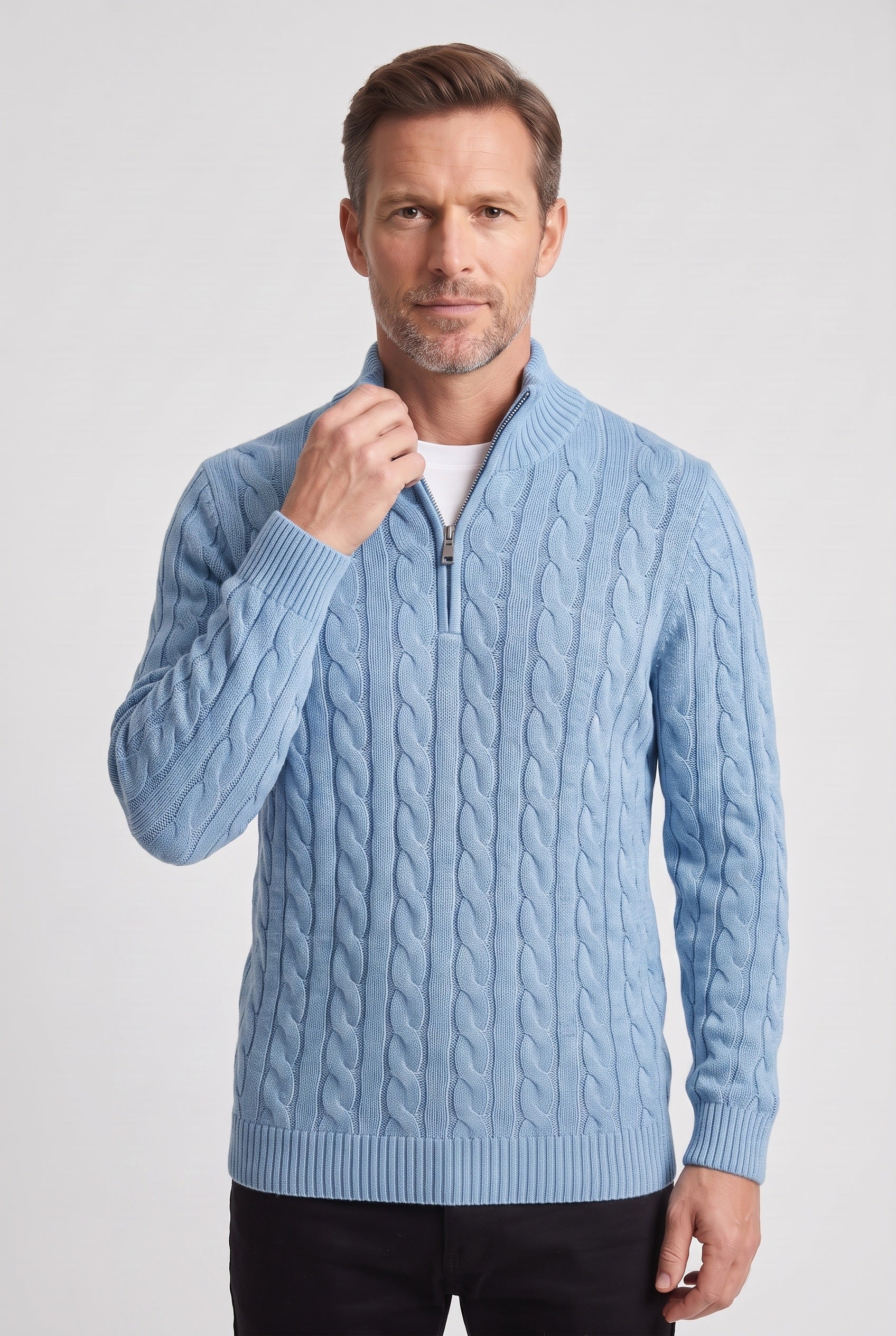 Men's Cable Knit Sweater | Quarter Zip Ribbed Collar - 7