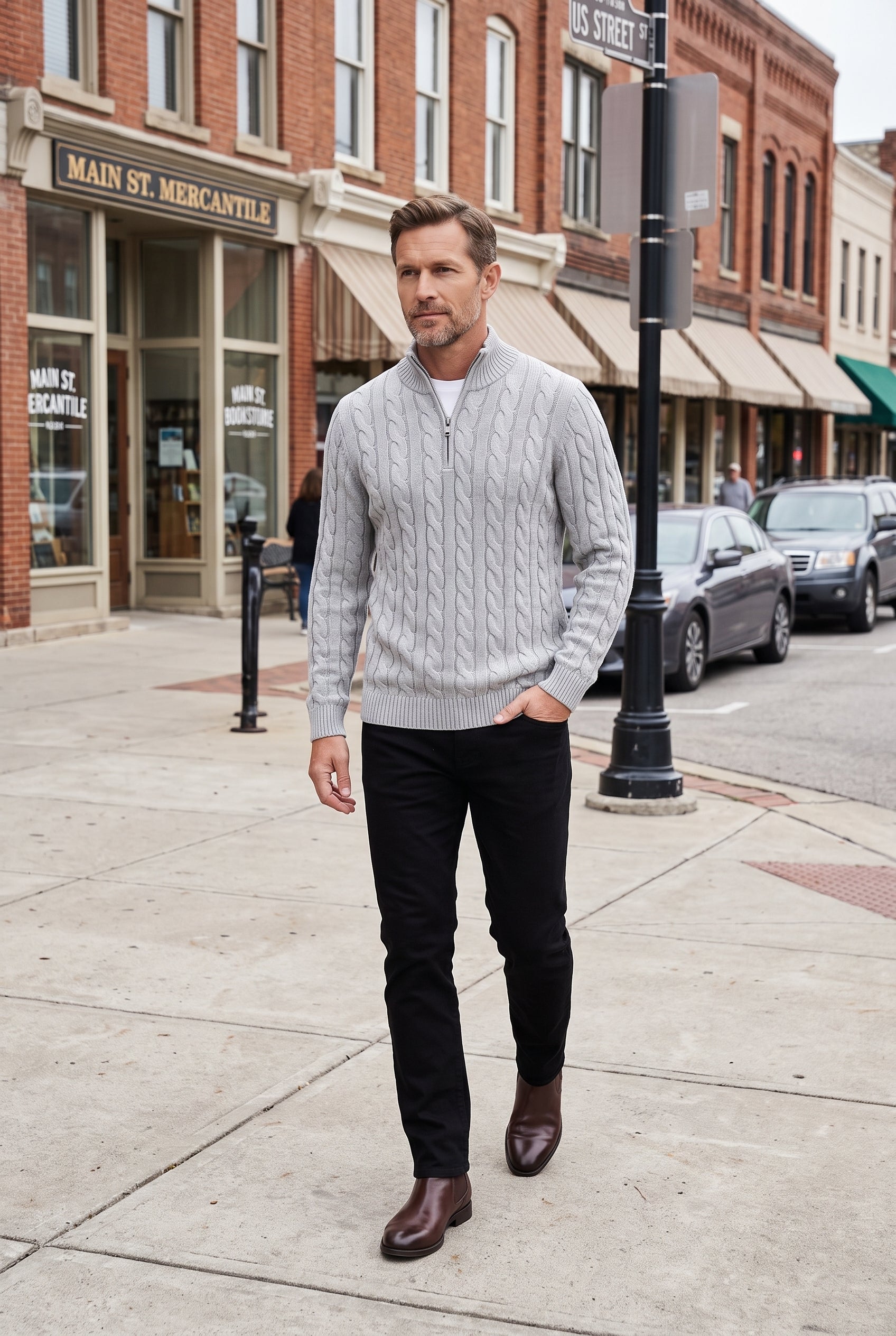 Men's Cable Knit Sweater | Quarter Zip Ribbed Collar - Gray lifestyle