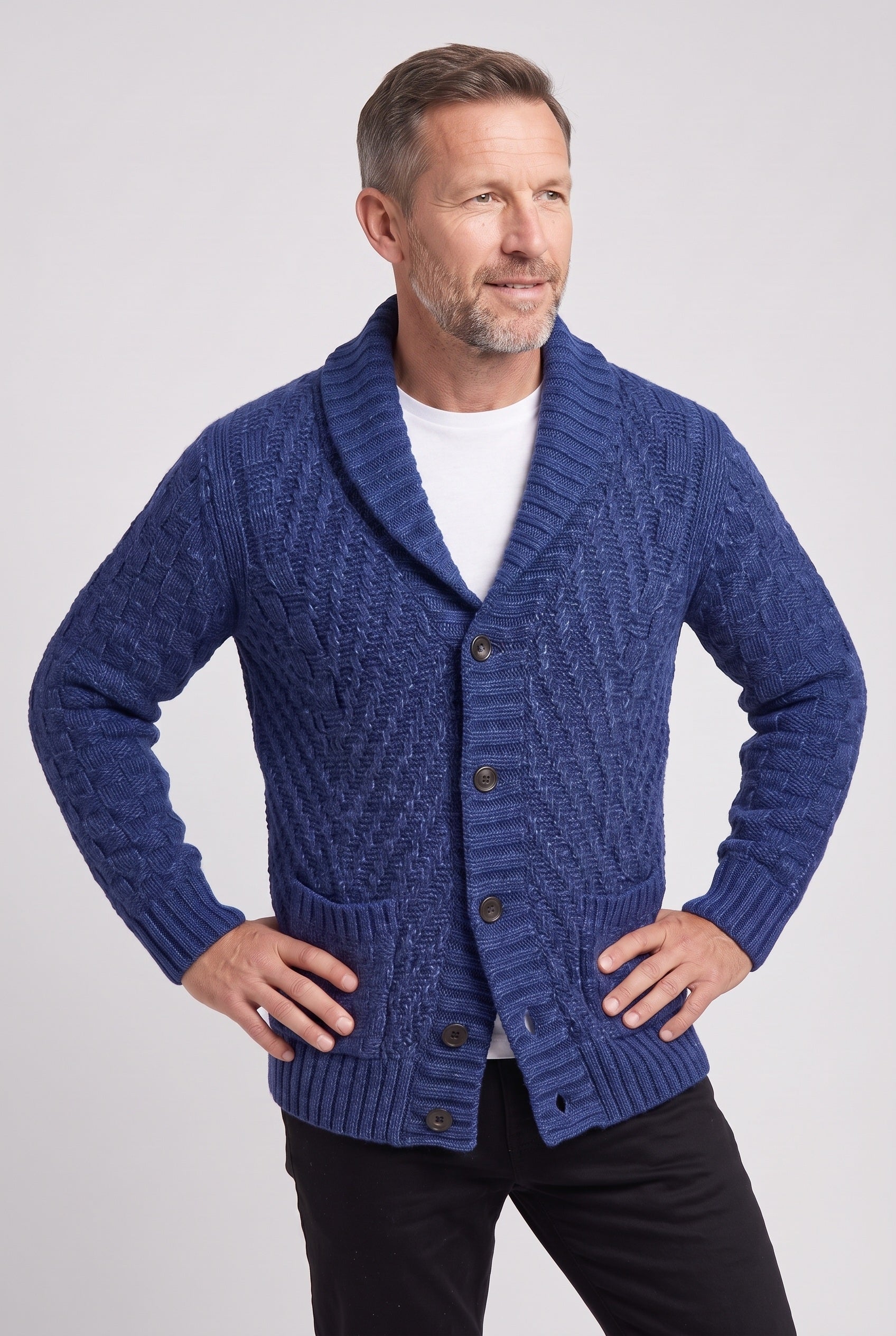 Men's Cardigan | Basket Weave Shawl Collar - 5