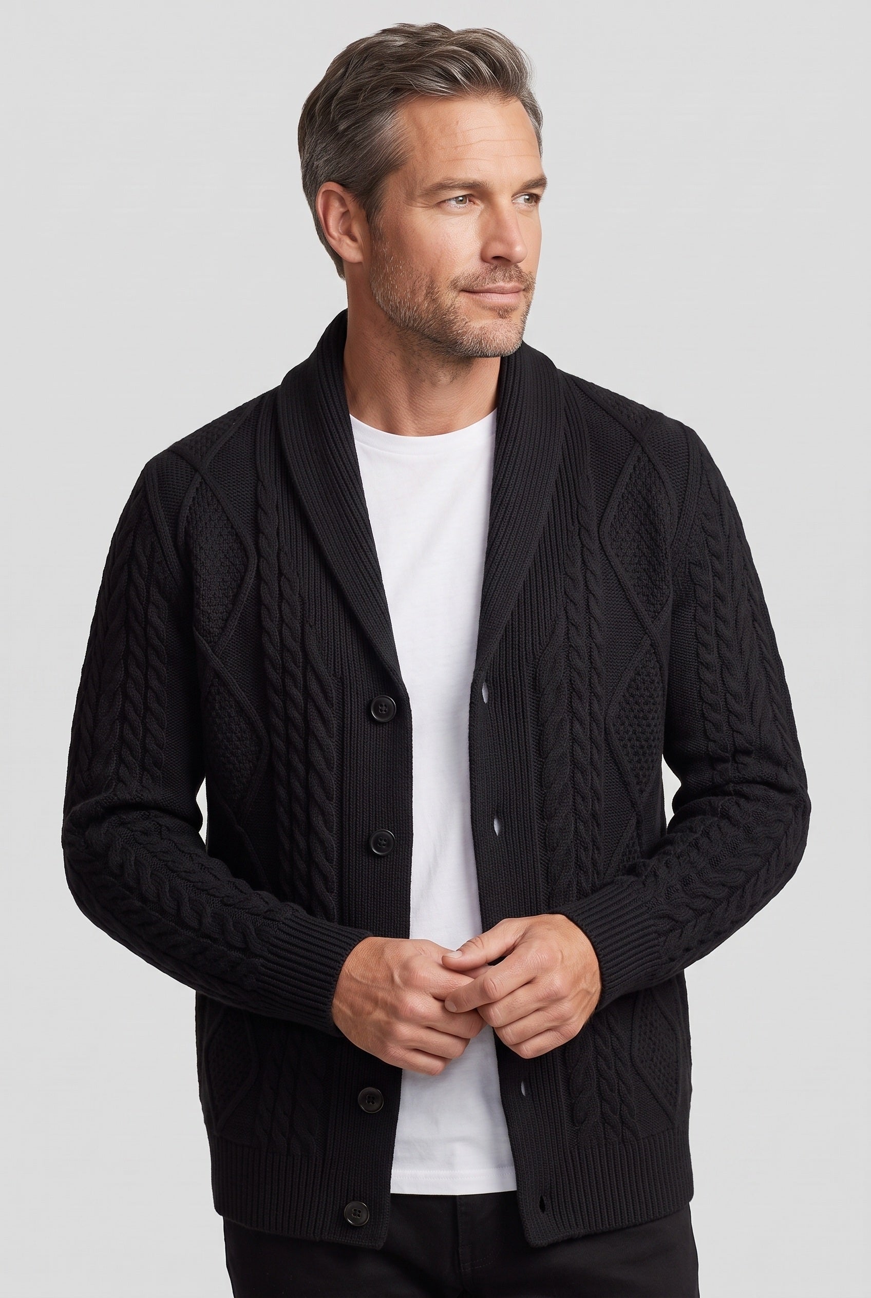 Men's Cardigan | Cable Knit Shawl Collar - 7