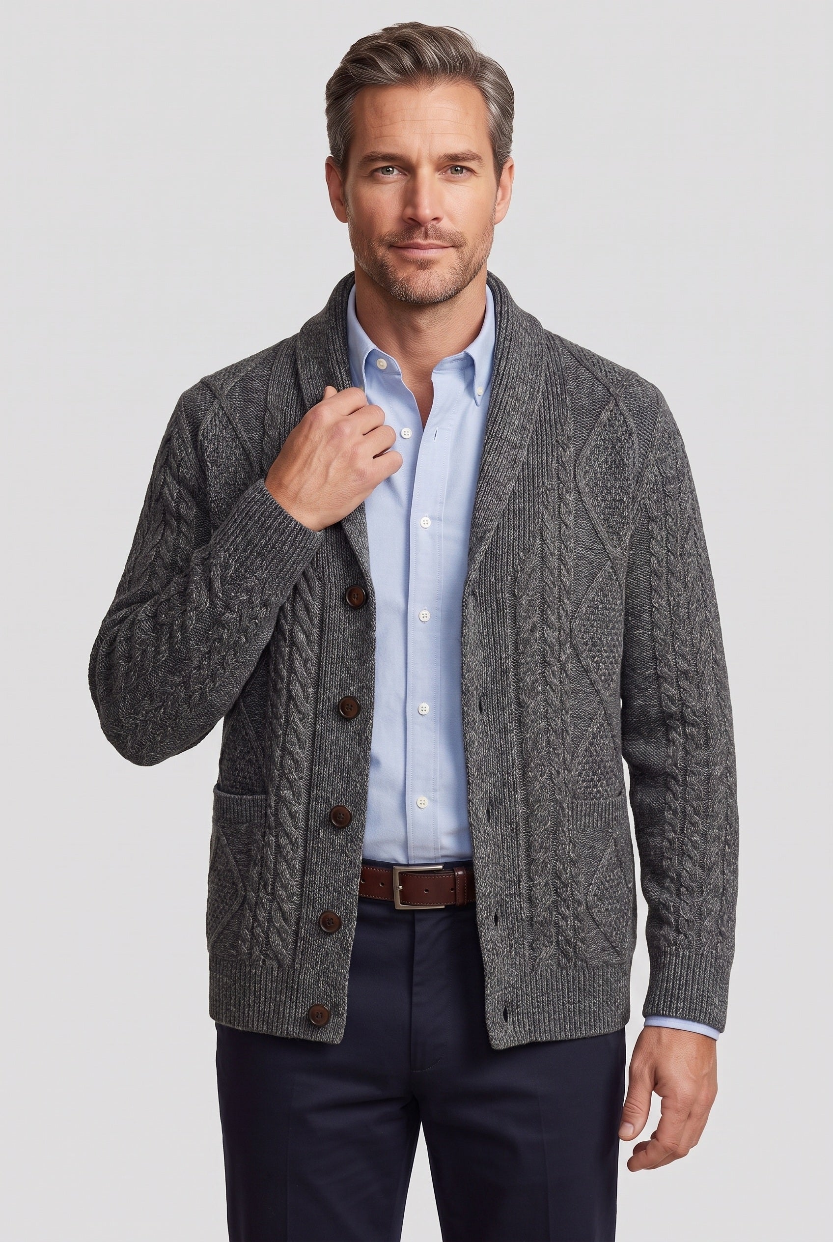 Men's Cardigan | Cable Knit Shawl Collar - 8