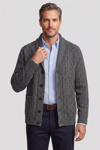 Men's Cardigan | Cable Knit Shawl Collar - 8