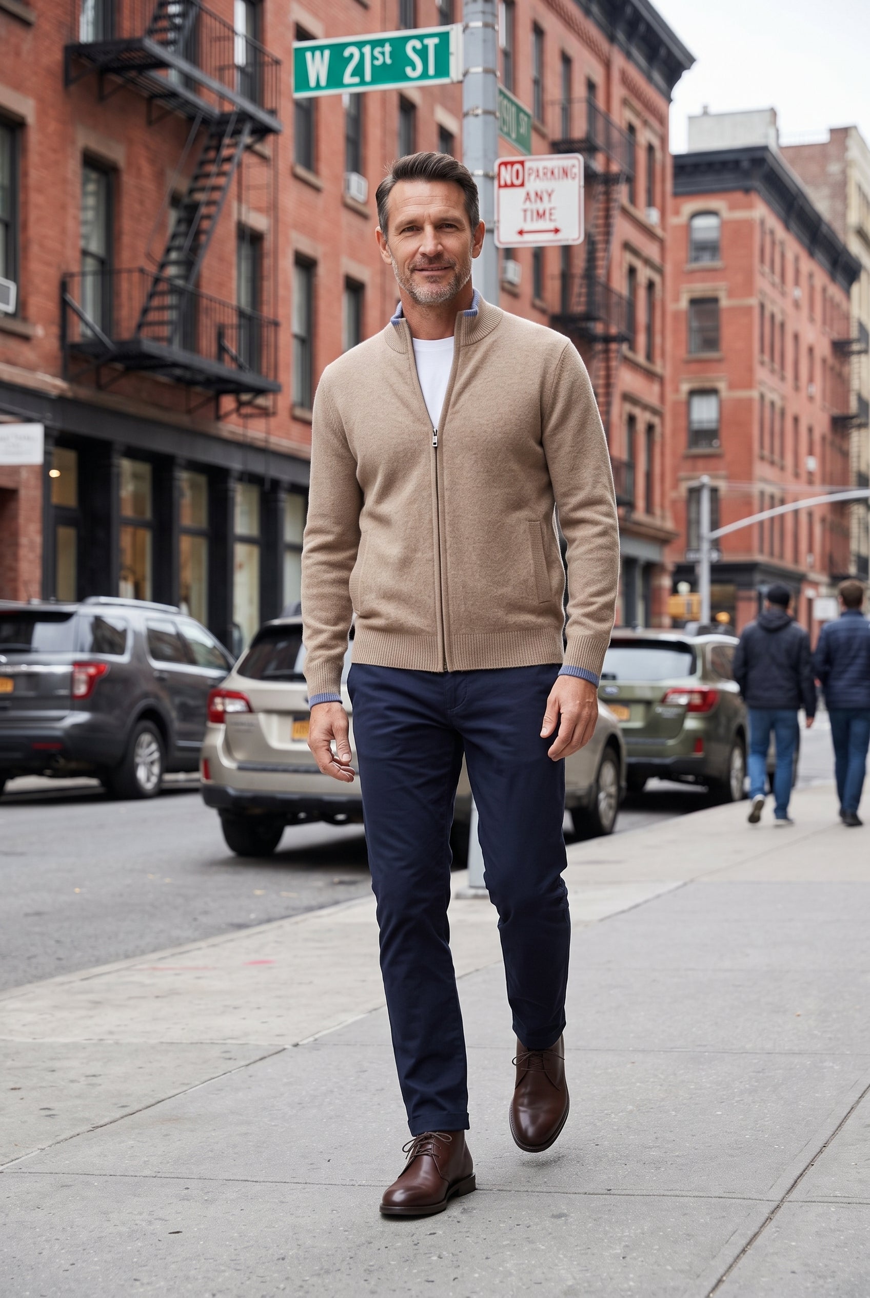 Men's Cardigan | Contrast Tipped Zip Front - Khaki lifestyle