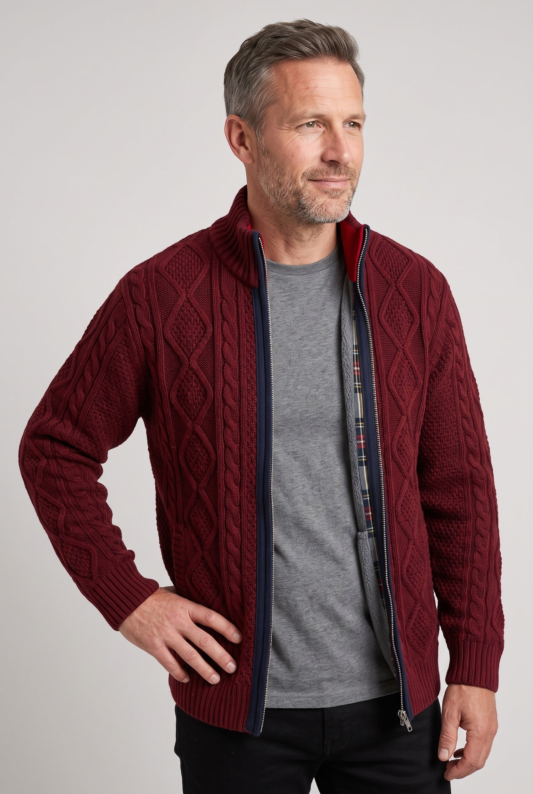 Men's Cardigan | Lined Full Zip Stand Collar - 8