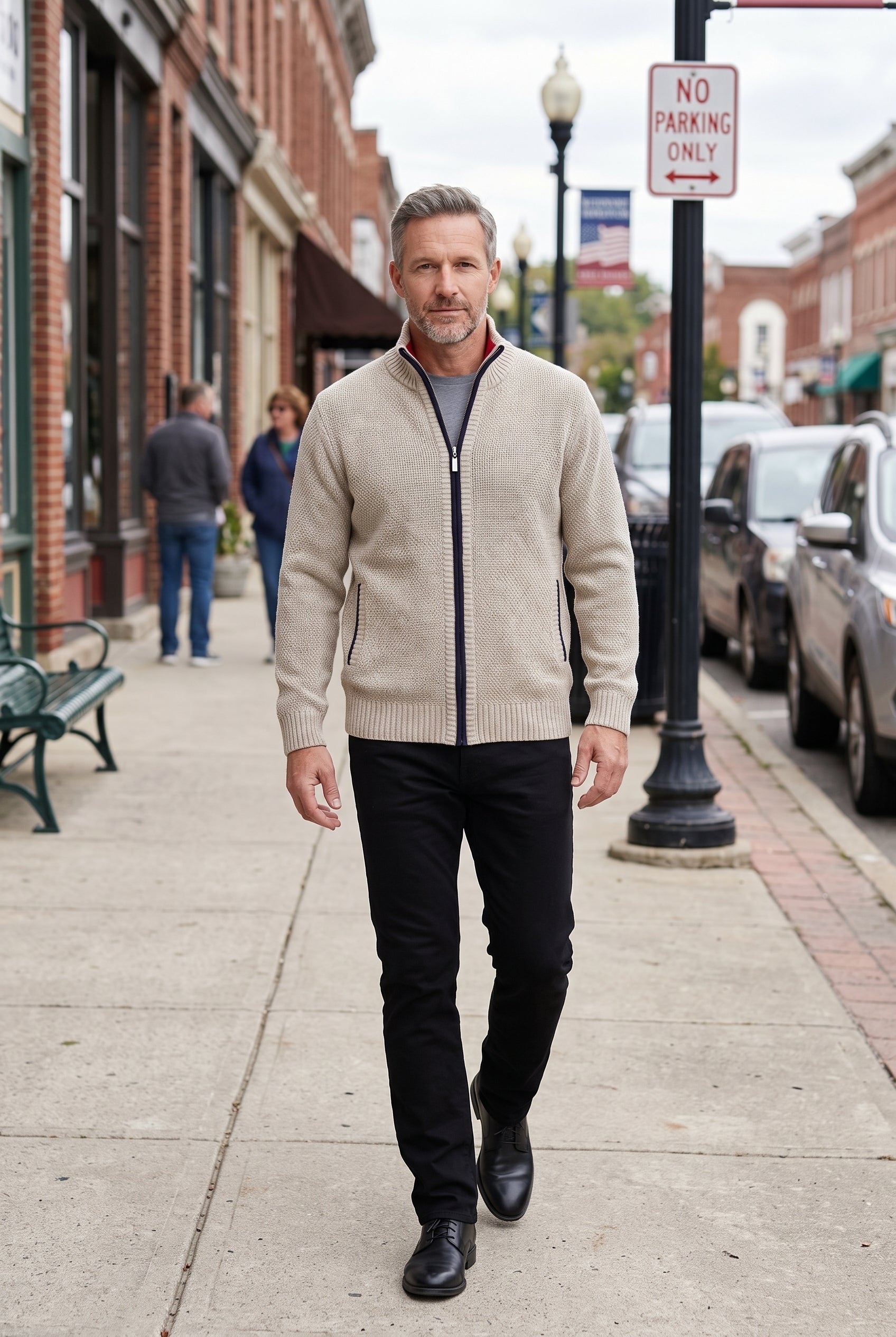 Men's Cardigan | Lined Full Zip Stand Collar - Beige lifestyle
