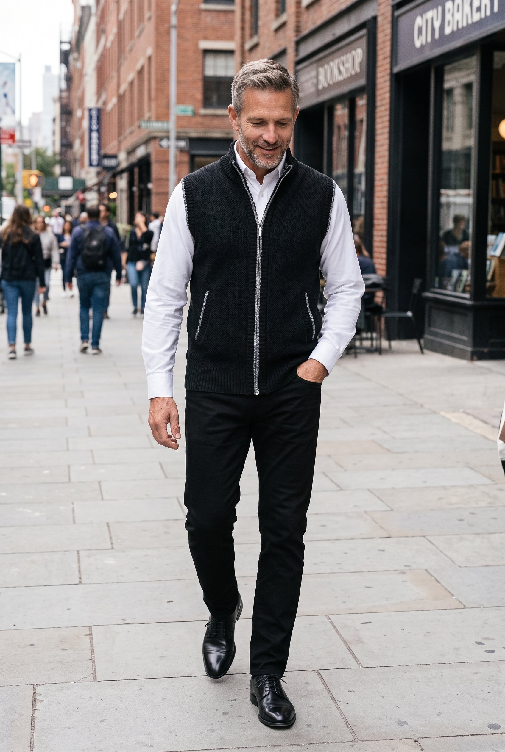 Men's Cardigan | Sleeveless Zip Up Ribbed Collar - Black lifestyle