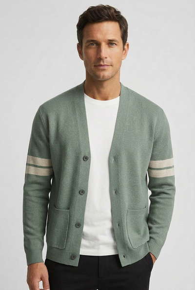 Men's Cardigan | V Neck with Striped Sleeves - 1