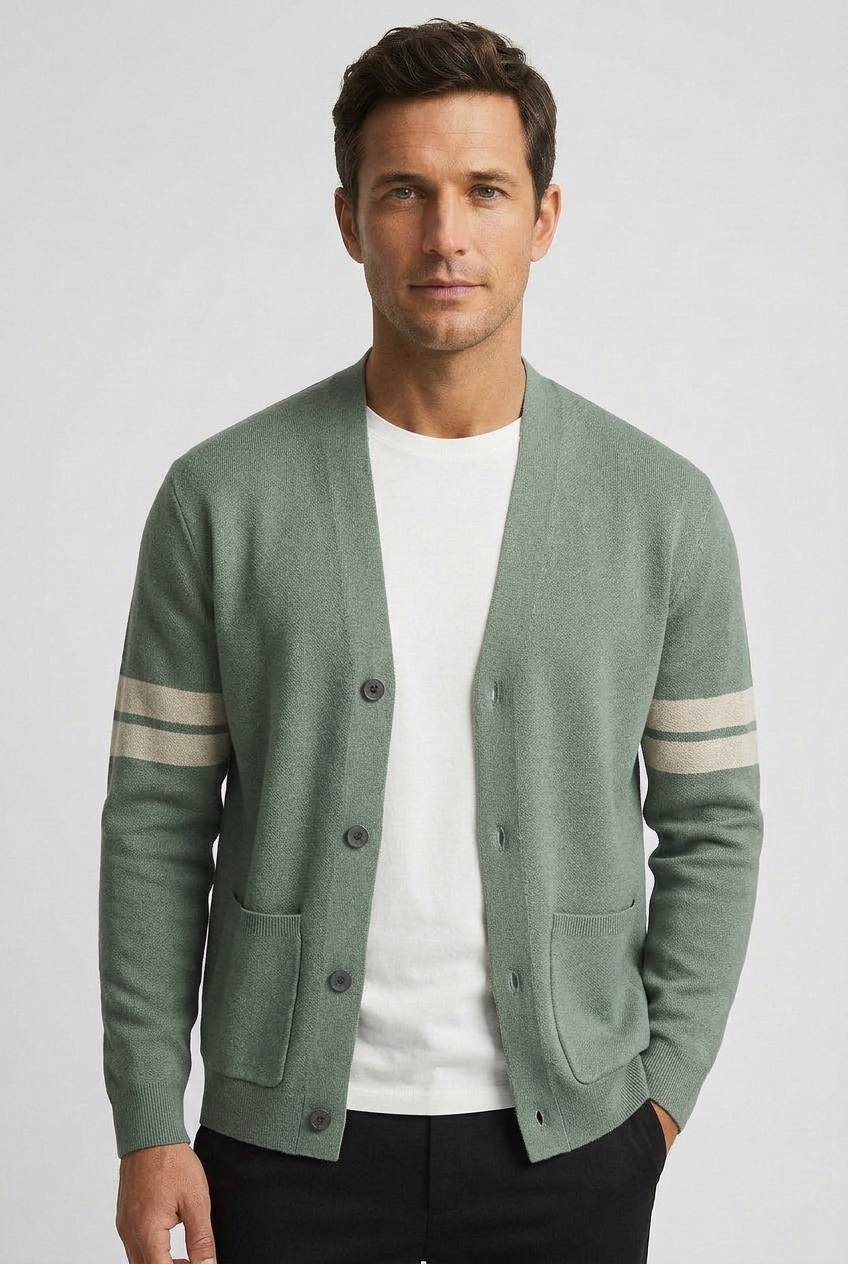 Men's Cardigan | V Neck with Striped Sleeves - 1