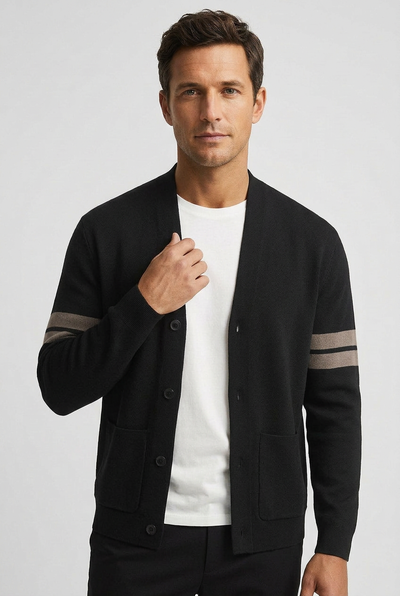 Men's Cardigan | V Neck with Striped Sleeves - 5