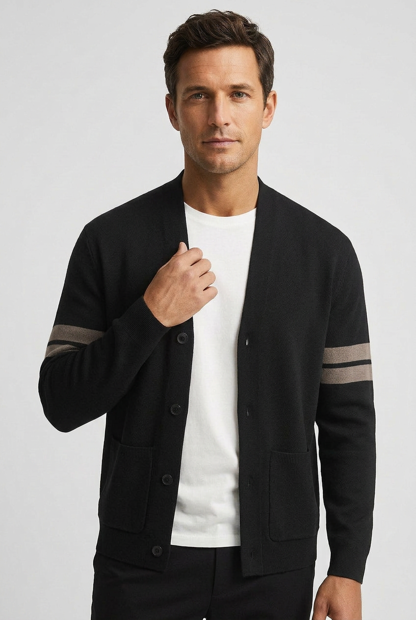 Men's Cardigan | V Neck with Striped Sleeves - 5